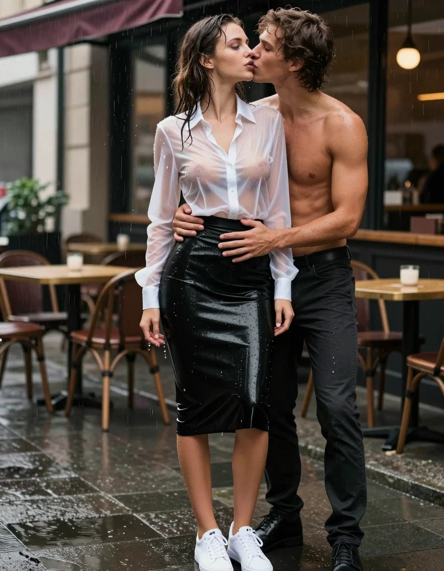 photo of young woman, in soaking wet, drenched clothes,
White sneakers, , Black midi skirt, soaked and clinging,, white translucent latex blouse, no bra, sheer and drenched, visible water droplets, no bra,, outdoor cafe frontage, urban sidewalk, rainy atmosphere, 
enjoying, wet clothes stuck to body,
detailed textures of the wet clothes, wet face, wet plastered hair,
wet, drenched, professional, high-quality details, full body view.
sharp focus, ultra-high pixel detail, realistic, high-quality, full colors, incredibly detailed, 4k, 8k, 16k, hyper-realistic, RAW photo, masterpiece, ultra-detailed, professionally color graded, professional photograph, a woman in an office rush frantically, her hair is very wet and dropping, she looks very erotic, her latex blouse is very translucent and you can see here breasts, she wears no bra, water is droping out of her clothes, she wears a black midi skirt, the young woman is standing in the rain, a shirtless young man is standing in front of the young woman, they hug each other, he touchs her between her legs, she kisses him with very passionately on his mouth, she likes it very much, her blue eyes are open, photorealistic lifestyle photography, rich natural color, balanced bright exposure, moderate contrast, softly lifted shadows, high-fashion editorial style, cinematic medium shot with shallow depth of field., wet skin, wet clothes, damp fabric