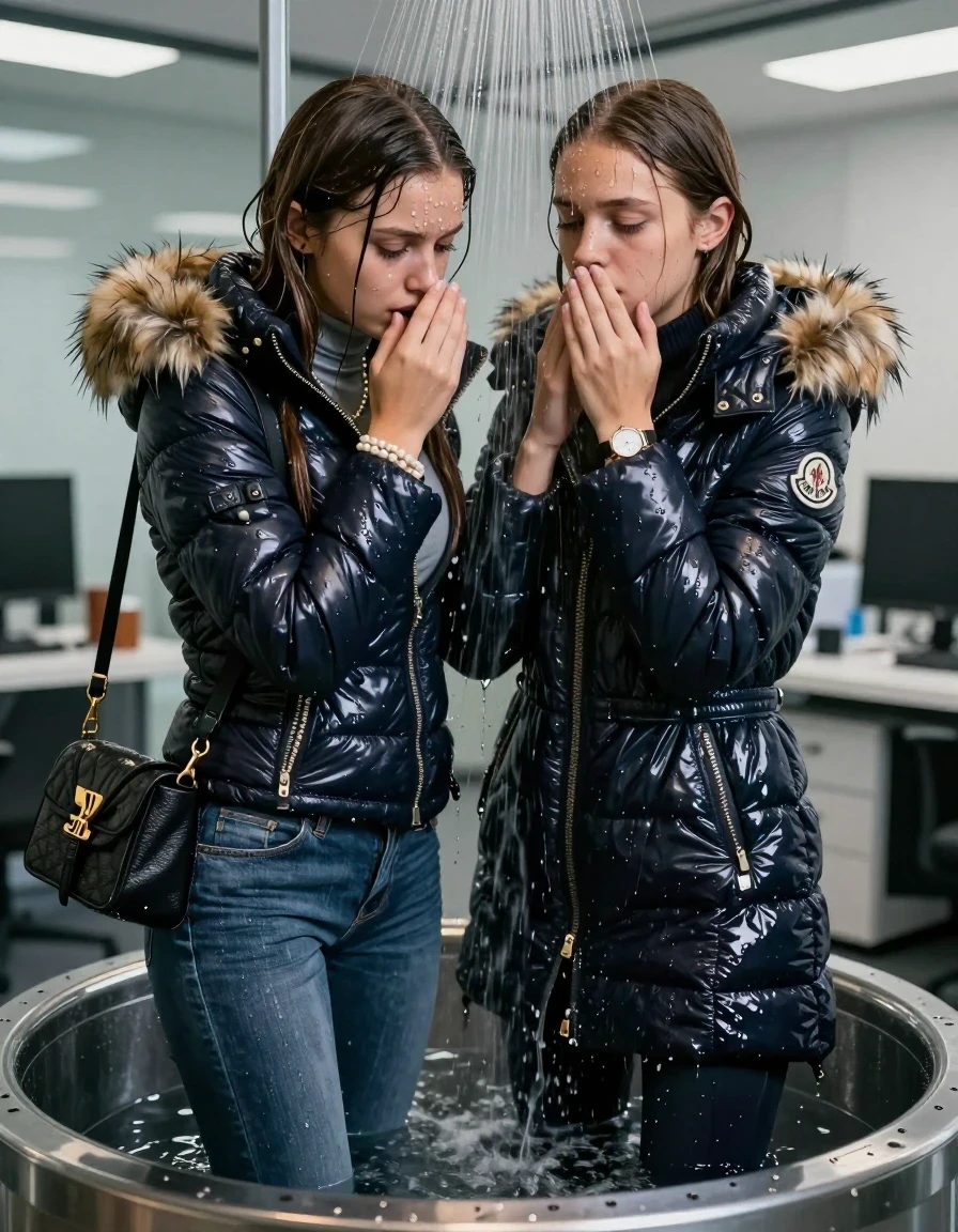photo of young woman, in soaking wet, drenched clothes,
, Skinny jeans, Moncler Shiny puffer down coat with fur, Long sleeve turtleneck sweater belly free, shoulderbag, pearl necklace, bracelet, wristwatch, Under the shower emerging in a tube, strong jet of water, at office , 
enjoying, wet clothes stuck to body,
detailed textures of the wet clothes, wet face, wet plastered hair,
wet, drenched, professional, high-quality details, full body view.
sharp focus, ultra-high pixel detail, realistic, high-quality, full colors, incredibly detailed, 4k, 8k, 16k, hyper-realistic, RAW photo, masterpiece, ultra-detailed, professionally color graded, professional photograph, Long Sleek straight hair

Two 15-years-old  teenage girl and her female  friends

Only head and shoulders are over the surface visible. Looking down. Open mouth . Covers her nose with a hand. hugs her friend. Water running down her face and neck.

The girls wear different clothes and jackets.

she is completely underwater up to her neck, afraid and astonished expression. 

her clothing is soaking wet and clinging tightly to her skin, showing heavy wet folds, darkened fabric texture, and deep water-saturated Patches, her clothes are heavy from the water, water runs from her body and her clothes in streams. A lot of water also runs out of her clothes. Her clothes are darkened by the water. Her submerged clothes are good visible under the water.  she soaked her handbag into the water.

close up view, wet skin, wet clothes, wet hair, damp fabric, water runs down the clothes, wet skin, wet clothes, damp fabric. cinematic medium shot, hyper-realistic wetness, high-contrast water sheen, sharp focus, 16k resolution, professional photography, realistic water physics., wet skin, wet clothes, damp fabric, wet skin, wet clothes, damp fabric, wet skin, wet clothes, damp fabric, wet skin, wet clothes, damp fabric, wet skin, wet clothes, damp fabric, wet skin, wet clothes, damp fabric, wet skin, wet clothes, damp fabric, wet skin, wet clothes, damp fabric, wet skin, wet clothes, damp fabric, wet skin, wet clothes, damp fabric, wet skin, wet clothes, damp fabric