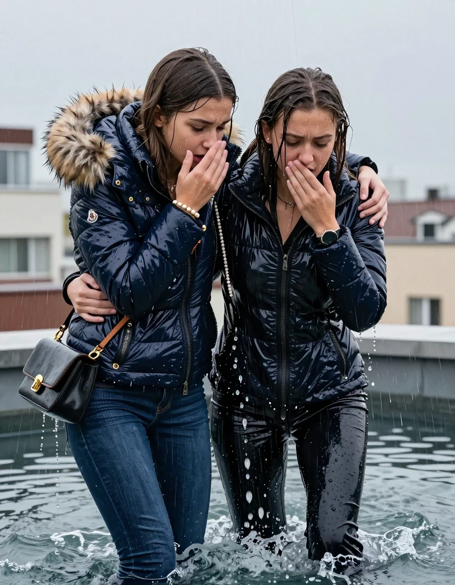 photo of young woman, in soaking wet, drenched clothes,
, Skinny jeans, Moncler Shiny puffer down Parka with fur, Long sleeve turtleneck sweater belly free, shoulderbag, pearl necklace, bracelet, wristwatch, Under heavy Rain emerging in a tube, strong jet of water, at roof top appartement , 
enjoying, wet clothes stuck to body,
detailed textures of the wet clothes, wet face, wet plastered hair,
wet, drenched, professional, high-quality details, full body view.
sharp focus, ultra-high pixel detail, realistic, high-quality, full colors, incredibly detailed, 4k, 8k, 16k, hyper-realistic, RAW photo, masterpiece, ultra-detailed, professionally color graded, professional photograph, Long Sleek straight hair

Two 15-years-old  teenage girl and her female  friends

Only head and shoulders are over the surface visible. Looking down. Open mouth . Covers her nose with a hand. hugs her friend. Water running down her face and neck.

The girls wear different clothes and jackets.

she is completely underwater up to her neck, afraid and astonished expression. 

her clothing is soaking wet and clinging tightly to her skin, showing heavy wet folds, darkened fabric texture, and deep water-saturated Patches, her clothes are heavy from the water, water runs from her body and her clothes in streams. A lot of water also runs out of her clothes. Her clothes are darkened by the water. Her submerged clothes are good visible under the water.  she soaked her handbag into the water.

close up view, wet skin, wet clothes, wet hair, damp fabric, water runs down the clothes, wet skin, wet clothes, damp fabric. cinematic medium shot, hyper-realistic wetness, high-contrast water sheen, sharp focus, 16k resolution, professional photography, realistic water physics., wet skin, wet clothes, damp fabric, wet skin, wet clothes, damp fabric, wet skin, wet clothes, damp fabric, wet skin, wet clothes, damp fabric, wet skin, wet clothes, damp fabric, wet skin, wet clothes, damp fabric, wet skin, wet clothes, damp fabric, wet skin, wet clothes, damp fabric, wet skin, wet clothes, damp fabric, wet skin, wet clothes, damp fabric