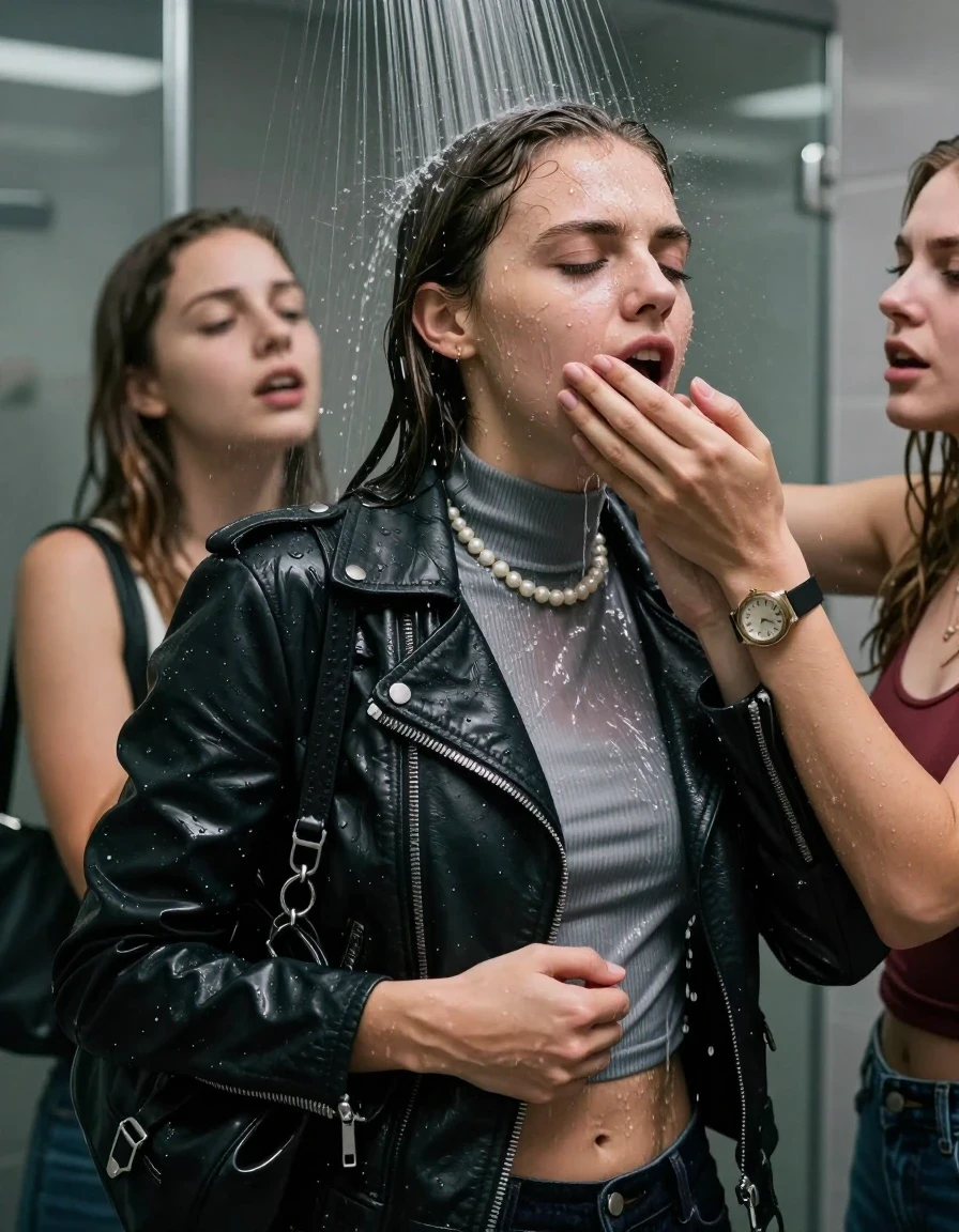 photo of young woman, in soaking wet, drenched clothes,
, , Biker leatherjacket, tight turtleneck sweater belly free, shoulderbag, pearl necklace, bracelet, wristwatch, Intense Orgasm Under the shower, strong jet of water, modern mirrored bathroom, 
enjoying, wet clothes stuck to body,
detailed textures of the wet clothes, wet face, wet plastered hair,
wet, drenched, professional, high-quality details, full body view.
sharp focus, ultra-high pixel detail, realistic, high-quality, full colors, incredibly detailed, 4k, 8k, 16k, hyper-realistic, RAW photo, masterpiece, ultra-detailed, professionally color graded, professional photograph, Sleek long straight hair

 21 years old  school girl and her female  friends

Only head and shoulders are over the surface visible. Looking slightly away. Open mouth, closed eyes . Her mouth is covered by her friends Hand. hugs her friend. Water running down her face and neck.

The girls wear different clothes.

she is completely underwater up to her neck, horny and painful expression. 

her clothing is soaking wet and clinging tightly to her skin, showing heavy wet folds, darkened fabric texture, and deep water-saturated Patches, her clothes are heavy from the water, water runs from her body and her clothes in streams. A lot of water also runs out of her clothes. Her clothes are darkened by the water. Her submerged clothes are good visible under the water.  she soaked her handbag into the water.

close up view, wet skin, wet clothes, wet hair, damp fabric, water runs down the clothes, wet skin, wet clothes, damp fabric. cinematic medium shot, hyper-realistic wetness, high-contrast water sheen, sharp focus, 16k resolution, professional photography, realistic water physics., wet skin, wet clothes, damp fabric, wet skin, wet clothes, damp fabric, wet skin, wet clothes, damp fabric, wet skin, wet clothes, damp fabric, wet skin, wet clothes, damp fabric, wet skin, wet clothes, damp fabric, wet skin, wet clothes, damp fabric, wet skin, wet clothes, damp fabric, wet skin, wet clothes, damp fabric