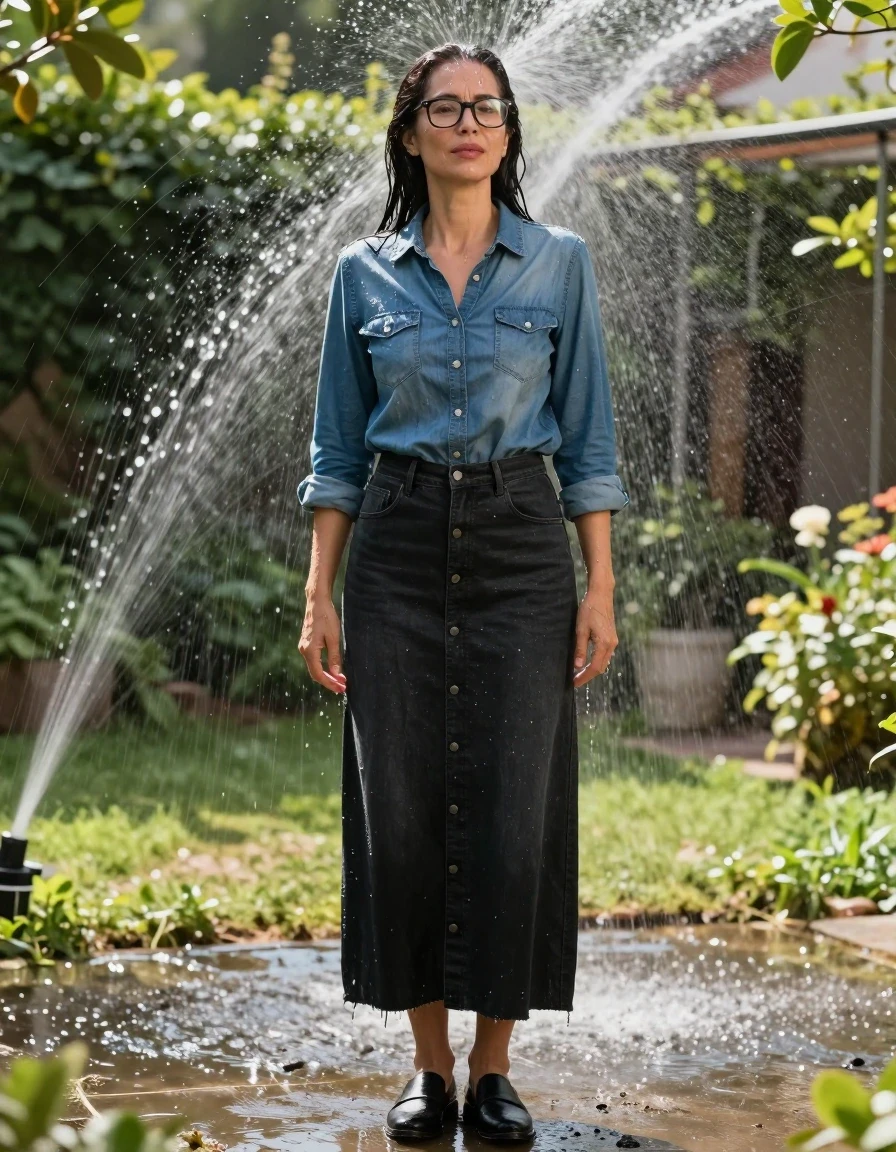 photo of young woman, in soaking wet, drenched clothes,
black shoes, maxi black DENIM SKIRT with buttons, maxi black dress with buttons, blue denim shirt with long sleeves, in sunny garden under sprinklers enjoying wet clothes stuck body, enjoying, wet clothes stuck to body, 
enjoying, wet clothes stuck to body,
detailed textures of the wet clothes, wet face, wet plastered hair,
wet, drenched, professional, high-quality details, full body view.
sharp focus, ultra-high pixel detail, realistic, high-quality, full colors, incredibly detailed, 4k, 8k, 16k, hyper-realistic, RAW photo, masterpiece, ultra-detailed, professionally color graded, professional photograph, europen brunette skinny woman 50 years old, long dark black hair, office glasses, very big and thick lips, complete body, wet skin, wet clothes, damp fabric, wet skin, wet clothes, damp fabric, wet skin, wet clothes, damp fabric, wet skin, wet clothes, damp fabric, wet skin, wet clothes, damp fabric, wet skin, wet clothes, damp fabric, wet skin, wet clothes, damp fabric