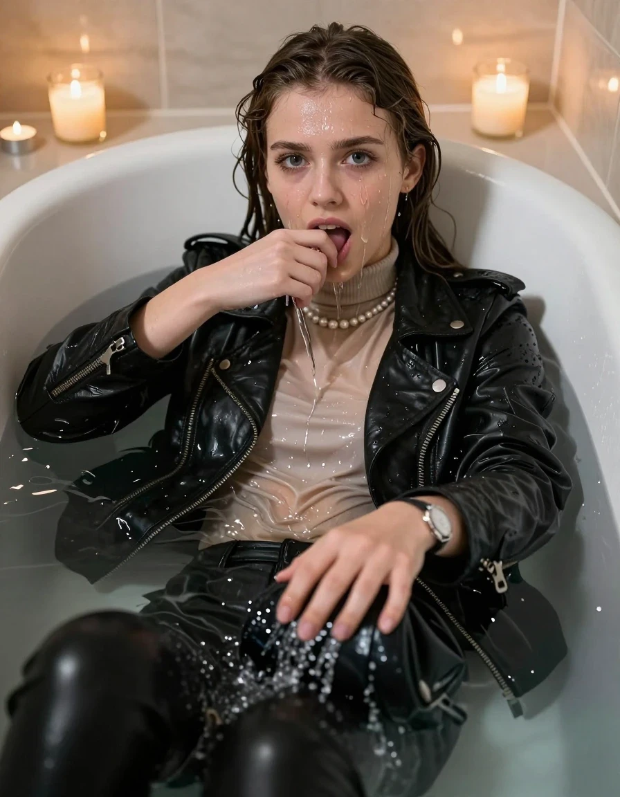 photo of young woman, in soaking wet, drenched clothes,
, Black leatherleggings , Black Leatherjacket, light beige tight turtleneck sweater, shoulderbag, pearl necklace, bracelet, wristwatch, Bathtube, 
enjoying, wet clothes stuck to body,
detailed textures of the wet clothes, wet face, wet plastered hair,
wet, drenched, professional, high-quality details, full body view.
sharp focus, ultra-high pixel detail, realistic, high-quality, full colors, incredibly detailed, 4k, 8k, 16k, hyper-realistic, RAW photo, masterpiece, ultra-detailed, professionally color graded, professional photograph, Sleek long straight hair
15-years-old  teenage girl 

Only head and shoulders are over the surface visible.  Looking at camera.  Open mouth, big eyes. 0ne hand with a finger at her tongue  inside her mouth, hold with the other the viewer's hand, pulling them toward the center of the water. Water running down her face and neck and clothes.

sitting in a deep, white porcelain bathtub filled with warm, steaming water. She is leaning her head back with a horny and sexuell aroused expression. The bathroom is softly lit by the warm, flickering glow of multiple tea lights placed around the tub and a larger scented candle nearby, creating a romantic and intimate atmosphere. High-quality, 16k resolution.

she is completely underwater up to her neck, afraid and astonished expression. 

her clothing is soaking wet and clinging tightly to her skin, showing heavy wet folds, darkened fabric texture, and deep water-saturated Patches, her clothes are heavy from the water, water runs from her body and her clothes in streams. A lot of water also runs out of her clothes. Her clothes are darkened by the water. Her submerged clothes are good visible under the water.  she soaked her handbag into the water.

close up view, wet skin, wet clothes, wet hair, damp fabric, water runs down the clothes, wet skin, wet clothes, damp fabric. cinematic medium shot, hyper-realistic wetness, high-contrast water sheen, sharp focus, 16k resolution, professional photography, realistic water physics., wet skin, wet clothes, damp fabric, wet skin, wet clothes, damp fabric, wet skin, wet clothes, damp fabric, wet skin, wet clothes, damp fabric, wet skin, wet clothes, damp fabric, wet skin, wet clothes, damp fabric, wet skin, wet clothes, damp fabric, wet skin, wet clothes, damp fabric, wet skin, wet clothes, damp fabric, wet skin, wet clothes, damp fabric, wet skin, wet clothes, damp fabric, wet skin, wet clothes, damp fabric, wet skin, wet clothes, damp fabric, wet skin, wet clothes, damp fabric, wet skin, wet clothes, damp fabric