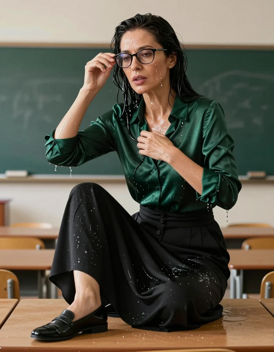 photo of young woman, in soaking wet, drenched clothes,
black shoes, maxi black skirt with buttons, dark green  silk satin shirt with long sleeves, IN CLASSROOM ON THE TABLE, enjoying wet clothes stuck body, enjoying, wet clothes stuck to body, 
enjoying, wet clothes stuck to body,
detailed textures of the wet clothes, wet face, wet plastered hair,
wet, drenched, professional, high-quality details, full body view.
sharp focus, ultra-high pixel detail, realistic, high-quality, full colors, incredibly detailed, 4k, 8k, 16k, hyper-realistic, RAW photo, masterpiece, ultra-detailed, professionally color graded, professional photograph, europen brunette skinny woman 50 years old, long dark black hair, office glasses, very big and thick lips, complete body, wet skin, wet clothes, damp fabric, wet skin, wet clothes, damp fabric, wet skin, wet clothes, damp fabric, wet skin, wet clothes, damp fabric, wet skin, wet clothes, damp fabric, wet skin, wet clothes, damp fabric, wet skin, wet clothes, damp fabric
