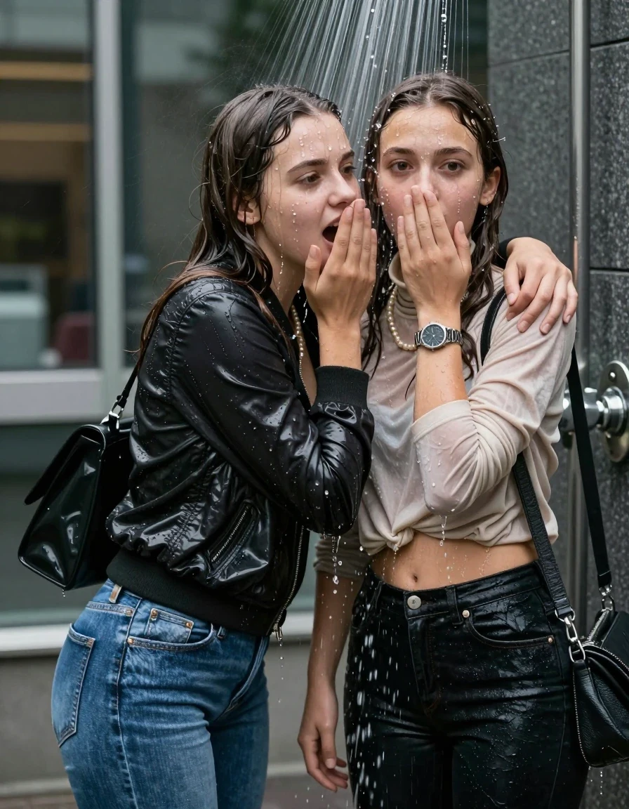 photo of young woman, in soaking wet, drenched clothes,
, Skinny jeans, Bomber jacket , Long sleeve turtleneck sweater belly free, shoulderbag, pearl necklace, bracelet, wristwatch, Under the shower in front of a office on the street, strong jet of water, 
enjoying, wet clothes stuck to body,
detailed textures of the wet clothes, wet face, wet plastered hair,
wet, drenched, professional, high-quality details, full body view.
sharp focus, ultra-high pixel detail, realistic, high-quality, full colors, incredibly detailed, 4k, 8k, 16k, hyper-realistic, RAW photo, masterpiece, ultra-detailed, professionally color graded, professional photograph, Long Sleek straight hair

Two 15-years-old  teenage girl and her female  friends

Only head and shoulders are over the surface visible. Looking at camera. Open mouth. Covers her nose with a hand. hugs her friend. Water running down her face and neck.

The girls wear different clothes and jackets.

she is completely underwater up to her neck, afraid and astonished expression. 

her clothing is soaking wet and clinging tightly to her skin, showing heavy wet folds, darkened fabric texture, and deep water-saturated Patches, her clothes are heavy from the water, water runs from her body and her clothes in streams. A lot of water also runs out of her clothes. Her clothes are darkened by the water. Her submerged clothes are good visible under the water.  she soaked her handbag into the water.

close up view, wet skin, wet clothes, wet hair, damp fabric, water runs down the clothes, wet skin, wet clothes, damp fabric. cinematic medium shot, hyper-realistic wetness, high-contrast water sheen, sharp focus, 16k resolution, professional photography, realistic water physics., wet skin, wet clothes, damp fabric, wet skin, wet clothes, damp fabric, wet skin, wet clothes, damp fabric, wet skin, wet clothes, damp fabric, wet skin, wet clothes, damp fabric, wet skin, wet clothes, damp fabric, wet skin, wet clothes, damp fabric, wet skin, wet clothes, damp fabric, wet skin, wet clothes, damp fabric, wet skin, wet clothes, damp fabric, wet skin, wet clothes, damp fabric, wet skin, wet clothes, damp fabric