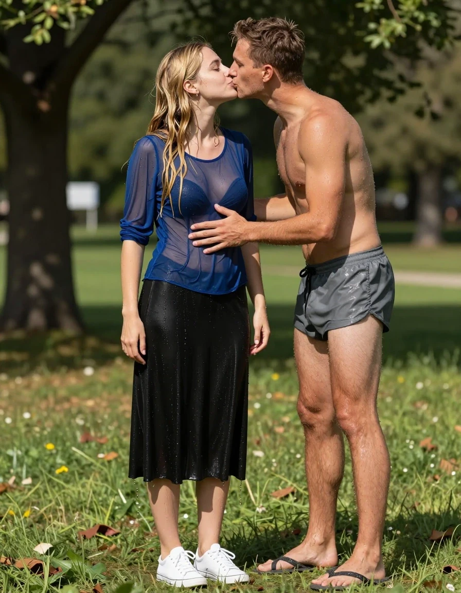 photo of young woman, in soaking wet, drenched clothes,
weiße Sneakers, schwarzer Midi Faltenrock, blaue transparente Sommerbluse mit Puffärmeln., Ein Park bei Sonnenschein., 
enjoying, wet clothes stuck to body,
detailed textures of the wet clothes, wet face, wet plastered hair,
wet, drenched, professional, high-quality details, full body view.
sharp focus, ultra-high pixel detail, realistic, high-quality, full colors, incredibly detailed, 4k, 8k, 16k, hyper-realistic, RAW photo, masterpiece, ultra-detailed, professionally color graded, professional photograph, Ganzkörperrückansicht eines sehr jungen Mädchens mit langen blonden Haaren, die bis zur Hüfte reichen. Sie ist zusammen mit einem jungen Mann im Park unterwegs. Ihre Haare sind verschwitzt und kleben an ihrem Kopf. Sie schwitzt in der Sonne sehr stark, ihre Bluse ist daher nass und verschwitzt. Unter dem verklebten Stoff sind ihre Brüste zu sehen. Ihr gegenüber steht ein junger Mann mit freiem Oberkörper und grauer Badehose. Er presst sie eng an sich, er hat seine Hände auf ihre Puffärmel gelegt und küsst sie innig auf den Mund., wet skin, wet clothes, damp fabric