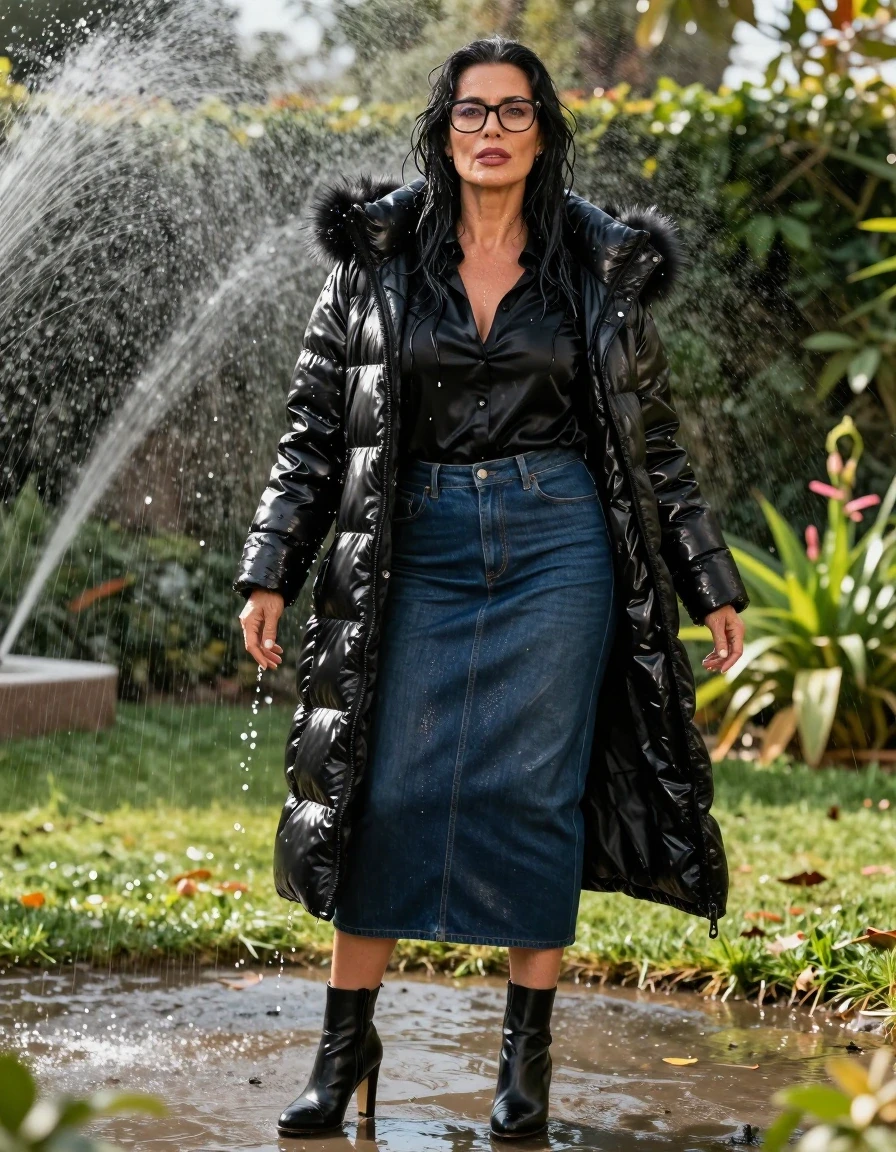 photo of young woman, in soaking wet, drenched clothes,
black heeled boots, long dark blue leather denim skirt, black satin shirt, maxi black Shiny puffer down jacket with fur, in sunny garden under sprinklers enjoying wet clothes stuck body, enjoying, wet clothes stuck to body, 
enjoying, wet clothes stuck to body,
detailed textures of the wet clothes, wet face, wet plastered hair,
wet, drenched, professional, high-quality details, full body view.
sharp focus, ultra-high pixel detail, realistic, high-quality, full colors, incredibly detailed, 4k, 8k, 16k, hyper-realistic, RAW photo, masterpiece, ultra-detailed, professionally color graded, professional photograph, europen brunette skinny woman 50 years old, long dark black hair, office glasses, very big and thick lips, complete body, wet skin, wet clothes, damp fabric, wet skin, wet clothes, damp fabric, wet skin, wet clothes, damp fabric, wet skin, wet clothes, damp fabric, wet skin, wet clothes, damp fabric, wet skin, wet clothes, damp fabric, wet skin, wet clothes, damp fabric