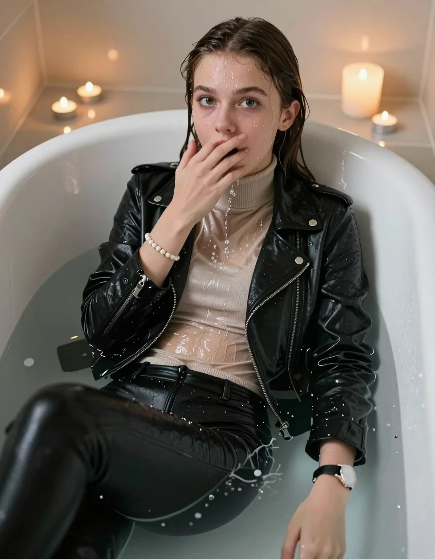 photo of young woman, in soaking wet, drenched clothes,
, Black leatherleggings , Black Leatherjacket, light beige tight turtleneck sweater, shoulderbag, pearl necklace, bracelet, wristwatch, Bathtube, 
enjoying, wet clothes stuck to body,
detailed textures of the wet clothes, wet face, wet plastered hair,
wet, drenched, professional, high-quality details, full body view.
sharp focus, ultra-high pixel detail, realistic, high-quality, full colors, incredibly detailed, 4k, 8k, 16k, hyper-realistic, RAW photo, masterpiece, ultra-detailed, professionally color graded, professional photograph, Sleek long straight hair
15-years-old  teenage girl 

Only head and shoulders are over the surface visible.  Looking at camera.  Open mouth, big eyes. Hold a hand over her mouth. Water running down her face and neck and clothes.

sitting in a deep, white porcelain bathtub filled with warm, steaming water. She is leaning her head back with a horny and sexuell aroused expression. The bathroom is softly lit by the warm, flickering glow of multiple tea lights placed around the tub and a larger scented candle nearby, creating a romantic and intimate atmosphere. High-quality, 16k resolution.

she is completely underwater up to her neck, afraid and astonished expression. 

her clothing is soaking wet and clinging tightly to her skin, showing heavy wet folds, darkened fabric texture, and deep water-saturated Patches, her clothes are heavy from the water, water runs from her body and her clothes in streams. A lot of water also runs out of her clothes. Her clothes are darkened by the water. Her submerged clothes are good visible under the water.  she soaked her handbag into the water.

close up view, wet skin, wet clothes, wet hair, damp fabric, water runs down the clothes, wet skin, wet clothes, damp fabric. cinematic medium shot, hyper-realistic wetness, high-contrast water sheen, sharp focus, 16k resolution, professional photography, realistic water physics., wet skin, wet clothes, damp fabric, wet skin, wet clothes, damp fabric, wet skin, wet clothes, damp fabric, wet skin, wet clothes, damp fabric, wet skin, wet clothes, damp fabric, wet skin, wet clothes, damp fabric, wet skin, wet clothes, damp fabric, wet skin, wet clothes, damp fabric, wet skin, wet clothes, damp fabric, wet skin, wet clothes, damp fabric, wet skin, wet clothes, damp fabric, wet skin, wet clothes, damp fabric, wet skin, wet clothes, damp fabric, wet skin, wet clothes, damp fabric, wet skin, wet clothes, damp fabric