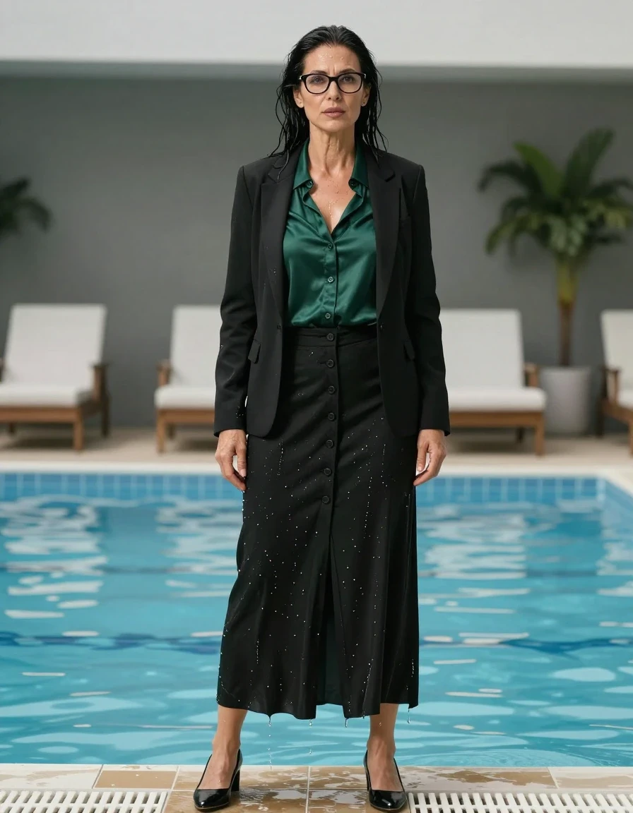 photo of young woman, in soaking wet, drenched clothes,
black shoes, maxi black skirt with buttons, dark green  silk satin shirt with long sleeves, black blazer, after swim in pool, enjoying wet clothes stuck body, enjoying, wet clothes stuck to body, 
enjoying, wet clothes stuck to body,
detailed textures of the wet clothes, wet face, wet plastered hair,
wet, drenched, professional, high-quality details, full body view.
sharp focus, ultra-high pixel detail, realistic, high-quality, full colors, incredibly detailed, 4k, 8k, 16k, hyper-realistic, RAW photo, masterpiece, ultra-detailed, professionally color graded, professional photograph, europen brunette skinny woman 50 years old, long dark black hair, office glasses, very big and thick lips, complete body, wet skin, wet clothes, damp fabric, wet skin, wet clothes, damp fabric, wet skin, wet clothes, damp fabric, wet skin, wet clothes, damp fabric, wet skin, wet clothes, damp fabric, wet skin, wet clothes, damp fabric, wet skin, wet clothes, damp fabric