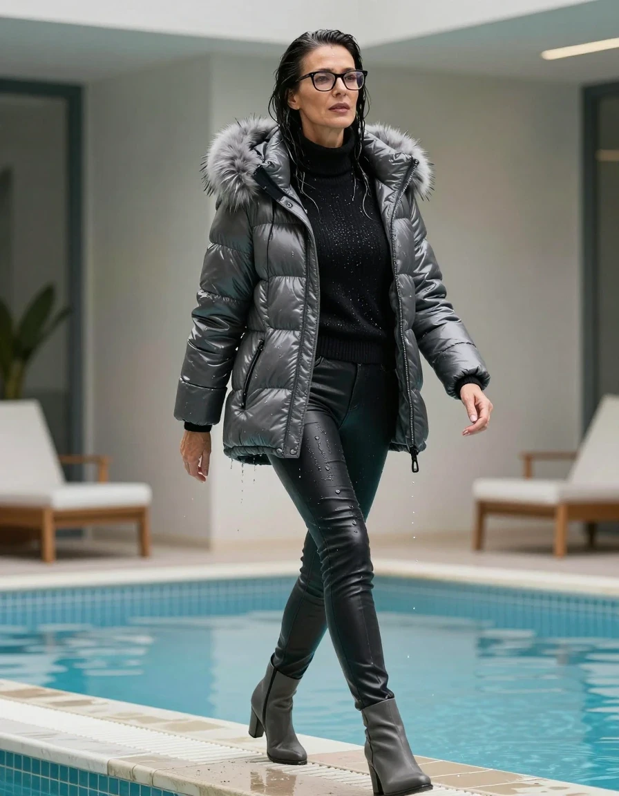 photo of young woman, in soaking wet, drenched clothes,
gray heeled boots, long back leather jeans, black sweater with neck, maxi gray Moncler Shiny puffer down jacket with fur, walking and taking shower after bath in indoor pool, enjoying wet clothes stuck body, enjoying, wet clothes stuck to body, 
enjoying, wet clothes stuck to body,
detailed textures of the wet clothes, wet face, wet plastered hair,
wet, drenched, professional, high-quality details, full body view.
sharp focus, ultra-high pixel detail, realistic, high-quality, full colors, incredibly detailed, 4k, 8k, 16k, hyper-realistic, RAW photo, masterpiece, ultra-detailed, professionally color graded, professional photograph, europen brunette skinny woman 50 years old, long dark black hair, office glasses, very big and thick lips, complete body, wet skin, wet clothes, damp fabric, wet skin, wet clothes, damp fabric, wet skin, wet clothes, damp fabric, wet skin, wet clothes, damp fabric, wet skin, wet clothes, damp fabric, wet skin, wet clothes, damp fabric, wet skin, wet clothes, damp fabric