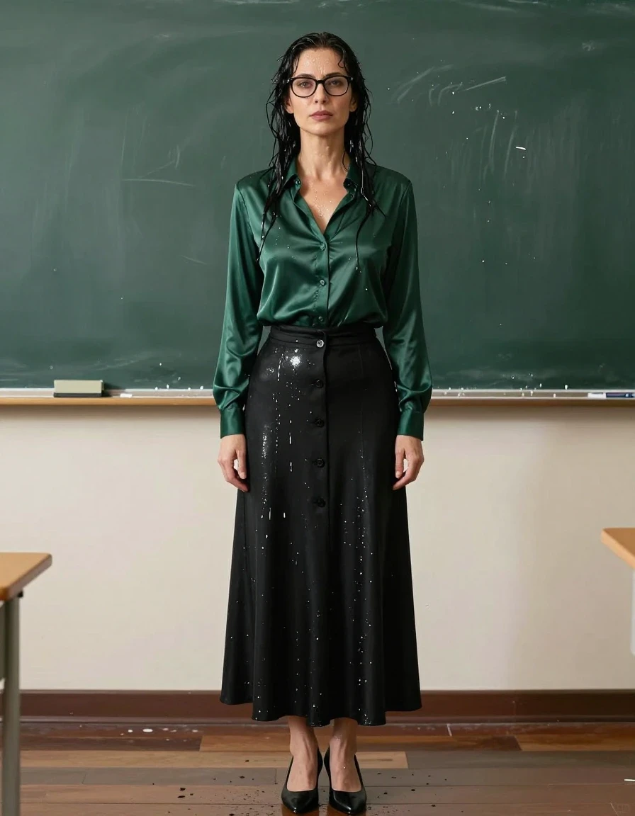 photo of young woman, in soaking wet, drenched clothes,
black shoes, maxi black skirt with buttons, dark green  silk satin shirt with long sleeves, IN CLASSROOM Teaching the lesson at the board, enjoying wet clothes stuck body, enjoying, wet clothes stuck to body, 
enjoying, wet clothes stuck to body,
detailed textures of the wet clothes, wet face, wet plastered hair,
wet, drenched, professional, high-quality details, full body view.
sharp focus, ultra-high pixel detail, realistic, high-quality, full colors, incredibly detailed, 4k, 8k, 16k, hyper-realistic, RAW photo, masterpiece, ultra-detailed, professionally color graded, professional photograph, europen brunette skinny woman 50 years old, long dark black hair, office glasses, very big and thick lips, complete body, wet skin, wet clothes, damp fabric, wet skin, wet clothes, damp fabric, wet skin, wet clothes, damp fabric, wet skin, wet clothes, damp fabric, wet skin, wet clothes, damp fabric, wet skin, wet clothes, damp fabric, wet skin, wet clothes, damp fabric