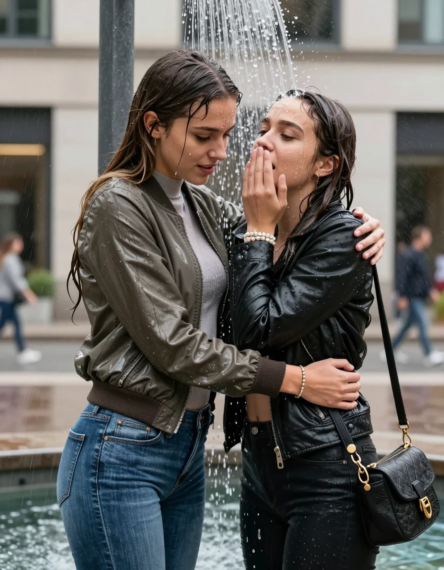 photo of young woman, in soaking wet, drenched clothes,
, Skinny jeans, Bomber jacket , Long sleeve turtleneck sweater belly free, shoulderbag, pearl necklace, bracelet, wristwatch, Under the shower Standings in fountain in front of a office on the street, strong jet of water, 
enjoying, wet clothes stuck to body,
detailed textures of the wet clothes, wet face, wet plastered hair,
wet, drenched, professional, high-quality details, full body view.
sharp focus, ultra-high pixel detail, realistic, high-quality, full colors, incredibly detailed, 4k, 8k, 16k, hyper-realistic, RAW photo, masterpiece, ultra-detailed, professionally color graded, professional photograph, Long Sleek straight hair

Two 21-years-old  teenage girl and her female  friends

One looks down, one looks up. Open mouth. Covers her nose with a hand. hugs her friend. Water running down her face and neck.

The girls wear different clothes and jackets. One wear a Bomber jacket, one wear a leatherjacket.

she is completely underwater up to her neck, afraid and astonished expression. 

her clothing is soaking wet and clinging tightly to her skin, showing heavy wet folds, darkened fabric texture, and deep water-saturated Patches, her clothes are heavy from the water, water runs from her body and her clothes in streams. A lot of water also runs out of her clothes. Her clothes are darkened by the water. Her submerged clothes are good visible under the water.  she soaked her handbag into the water.

close up view, wet skin, wet clothes, wet hair, damp fabric, water runs down the clothes, wet skin, wet clothes, damp fabric. cinematic medium shot, hyper-realistic wetness, high-contrast water sheen, sharp focus, 16k resolution, professional photography, realistic water physics., wet skin, wet clothes, damp fabric, wet skin, wet clothes, damp fabric, wet skin, wet clothes, damp fabric, wet skin, wet clothes, damp fabric, wet skin, wet clothes, damp fabric, wet skin, wet clothes, damp fabric, wet skin, wet clothes, damp fabric, wet skin, wet clothes, damp fabric, wet skin, wet clothes, damp fabric, wet skin, wet clothes, damp fabric, wet skin, wet clothes, damp fabric, wet skin, wet clothes, damp fabric