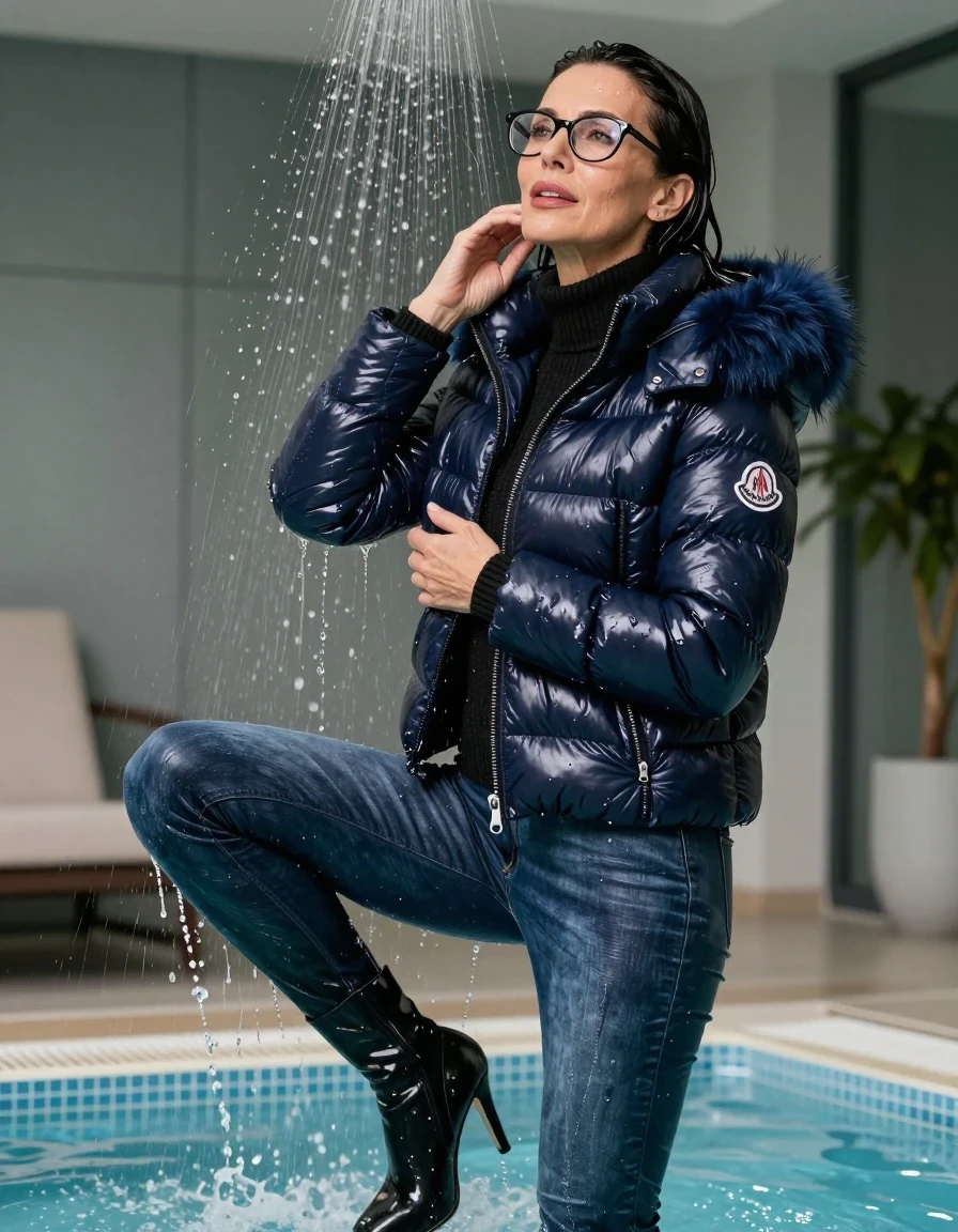 photo of young woman, in soaking wet, drenched clothes,
black heeled boots, long blue leather jeans, black sweater with neck, maxi dark blue Moncler Shiny puffer down jacket with fur, taking shower after bath in indoor pool, enjoying wet clothes stuck body, enjoying, wet clothes stuck to body, 
enjoying, wet clothes stuck to body,
detailed textures of the wet clothes, wet face, wet plastered hair,
wet, drenched, professional, high-quality details, full body view.
sharp focus, ultra-high pixel detail, realistic, high-quality, full colors, incredibly detailed, 4k, 8k, 16k, hyper-realistic, RAW photo, masterpiece, ultra-detailed, professionally color graded, professional photograph, europen brunette skinny woman 50 years old, long dark black hair, office glasses, very big and thick lips, complete body, wet skin, wet clothes, damp fabric, wet skin, wet clothes, damp fabric, wet skin, wet clothes, damp fabric, wet skin, wet clothes, damp fabric, wet skin, wet clothes, damp fabric, wet skin, wet clothes, damp fabric, wet skin, wet clothes, damp fabric