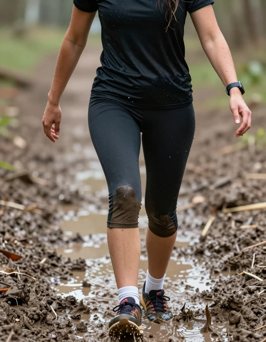 photo of young woman, in soaking wet, drenched clothes,
running sneakers,  white socks, running leggins, black t shirt, mud puddle, 
enjoying, wet clothes stuck to body,
detailed textures of the wet clothes, wet face, wet plastered hair,
wet, drenched, professional, high-quality details, full body view.
sharp focus, ultra-high pixel detail, realistic, high-quality, full colors, incredibly detailed, 4k, 8k, 16k, hyper-realistic, RAW photo, masterpiece, ultra-detailed, professionally color graded, professional photograph, slowly stepping in mud, wet skin, wet clothes, damp fabric