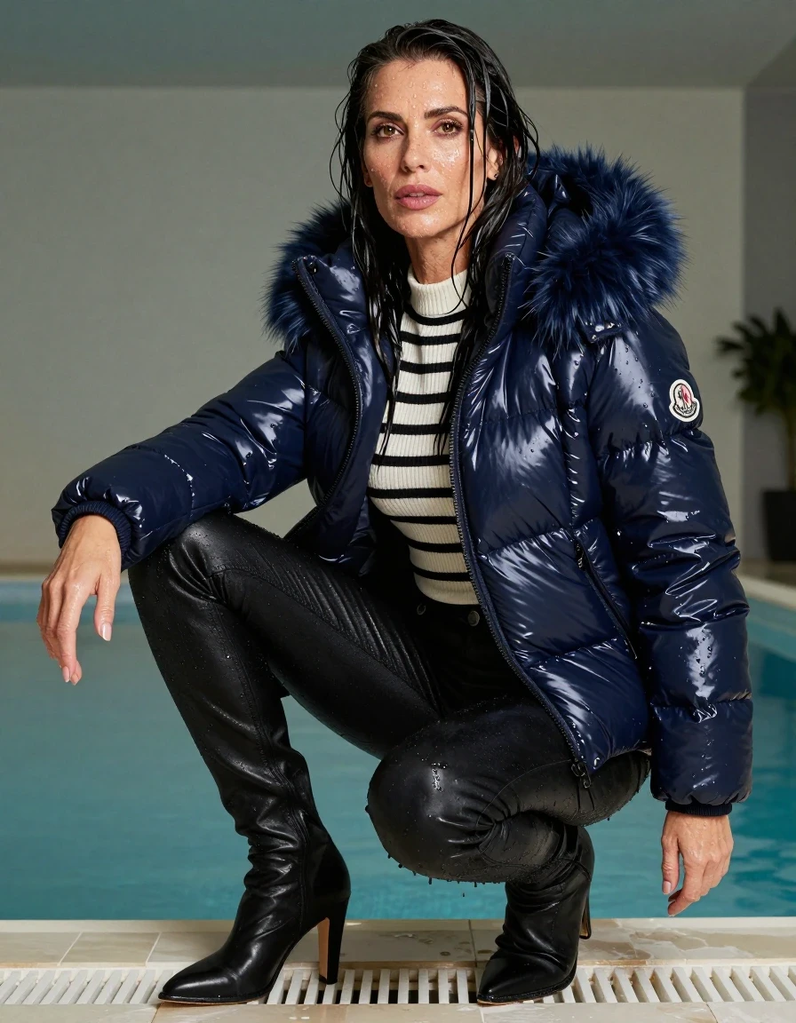 photo of young woman, in soaking wet, drenched clothes,
black heeled boots, long black leather jeans, white & black striped sweater with neck, maxi dark blue Moncler Shiny puffer down jacket with fur, after bath in indoor pool, enjoying wet clothes stuck body, enjoying, wet clothes stuck to body, 
enjoying, wet clothes stuck to body,
detailed textures of the wet clothes, wet face, wet plastered hair,
wet, drenched, professional, high-quality details, full body view.
sharp focus, ultra-high pixel detail, realistic, high-quality, full colors, incredibly detailed, 4k, 8k, 16k, hyper-realistic, RAW photo, masterpiece, ultra-detailed, professionally color graded, professional photograph, europen brunette skinny woman 50 years old, long dark black hair, very big and thick lips, complete body, wet skin, wet clothes, damp fabric, wet skin, wet clothes, damp fabric, wet skin, wet clothes, damp fabric, wet skin, wet clothes, damp fabric, wet skin, wet clothes, damp fabric, wet skin, wet clothes, damp fabric, wet skin, wet clothes, damp fabric