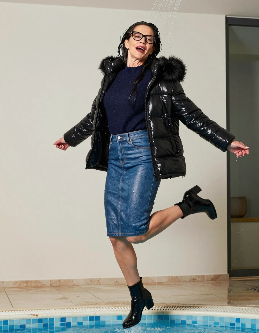 photo of young woman, in soaking wet, drenched clothes,
blackheeled boots, long blue leather denim skirt, dark blue sweater with neck, maxi black Shiny puffer down jacket with fur, jumping and taking shower after bath in indoor pool, enjoying wet clothes stuck body, enjoying, wet clothes stuck to body, 
enjoying, wet clothes stuck to body,
detailed textures of the wet clothes, wet face, wet plastered hair,
wet, drenched, professional, high-quality details, full body view.
sharp focus, ultra-high pixel detail, realistic, high-quality, full colors, incredibly detailed, 4k, 8k, 16k, hyper-realistic, RAW photo, masterpiece, ultra-detailed, professionally color graded, professional photograph, europen brunette skinny woman 50 years old, long dark black hair, office glasses, very big and thick lips, open mouth, complete body, wet skin, wet clothes, damp fabric, wet skin, wet clothes, damp fabric, wet skin, wet clothes, damp fabric, wet skin, wet clothes, damp fabric, wet skin, wet clothes, damp fabric, wet skin, wet clothes, damp fabric, wet skin, wet clothes, damp fabric