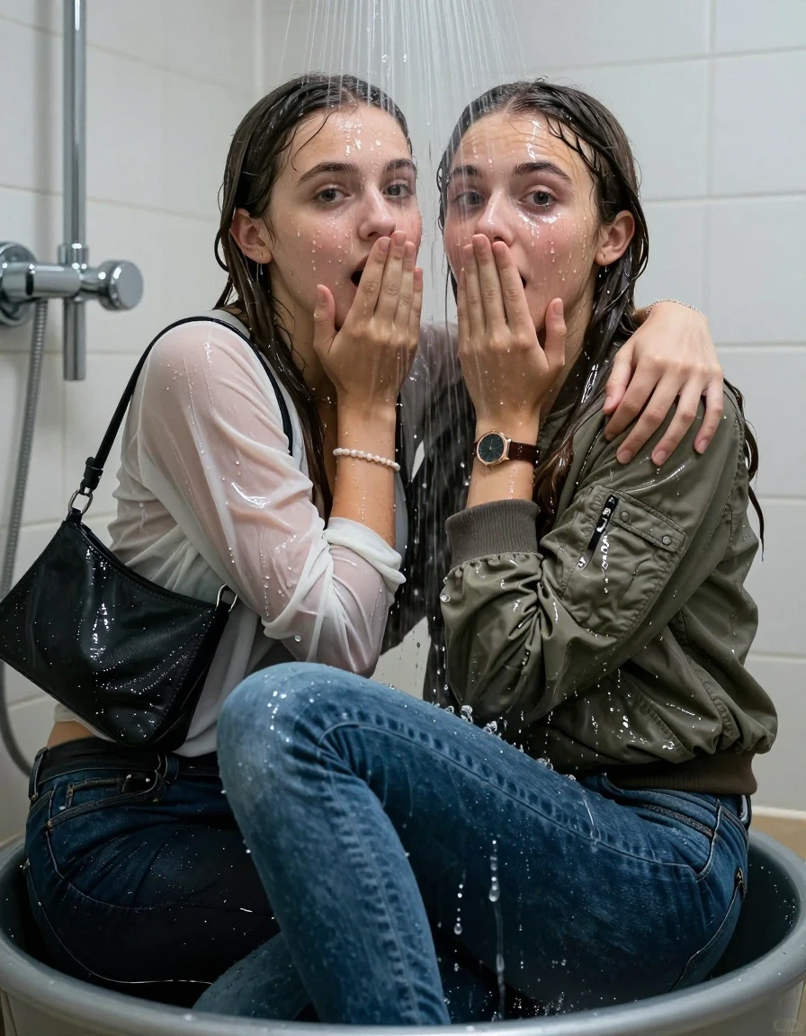photo of young woman, in soaking wet, drenched clothes,
, Skinny jeans, Bomber jacket , Long sleeve turtleneck sweater belly free, shoulderbag, pearl necklace, bracelet, wristwatch, Under the shower sitting emerged in a tube, strong jet of water, at office, 
enjoying, wet clothes stuck to body,
detailed textures of the wet clothes, wet face, wet plastered hair,
wet, drenched, professional, high-quality details, full body view.
sharp focus, ultra-high pixel detail, realistic, high-quality, full colors, incredibly detailed, 4k, 8k, 16k, hyper-realistic, RAW photo, masterpiece, ultra-detailed, professionally color graded, professional photograph, Long Sleek straight hair

Two 15-years-old  teenage girl and her female  friends

Only head and shoulders are over the surface visible. Looking at camera. Open mouth. Covers her nose with a hand. hugs her friend. Water running down her face and neck.

The girls wear different clothes and jackets.

she is completely underwater up to her neck, afraid and astonished expression. 

her clothing is soaking wet and clinging tightly to her skin, showing heavy wet folds, darkened fabric texture, and deep water-saturated Patches, her clothes are heavy from the water, water runs from her body and her clothes in streams. A lot of water also runs out of her clothes. Her clothes are darkened by the water. Her submerged clothes are good visible under the water.  she soaked her handbag into the water.

close up view, wet skin, wet clothes, wet hair, damp fabric, water runs down the clothes, wet skin, wet clothes, damp fabric. cinematic medium shot, hyper-realistic wetness, high-contrast water sheen, sharp focus, 16k resolution, professional photography, realistic water physics., wet skin, wet clothes, damp fabric, wet skin, wet clothes, damp fabric, wet skin, wet clothes, damp fabric, wet skin, wet clothes, damp fabric, wet skin, wet clothes, damp fabric, wet skin, wet clothes, damp fabric, wet skin, wet clothes, damp fabric, wet skin, wet clothes, damp fabric, wet skin, wet clothes, damp fabric, wet skin, wet clothes, damp fabric, wet skin, wet clothes, damp fabric, wet skin, wet clothes, damp fabric