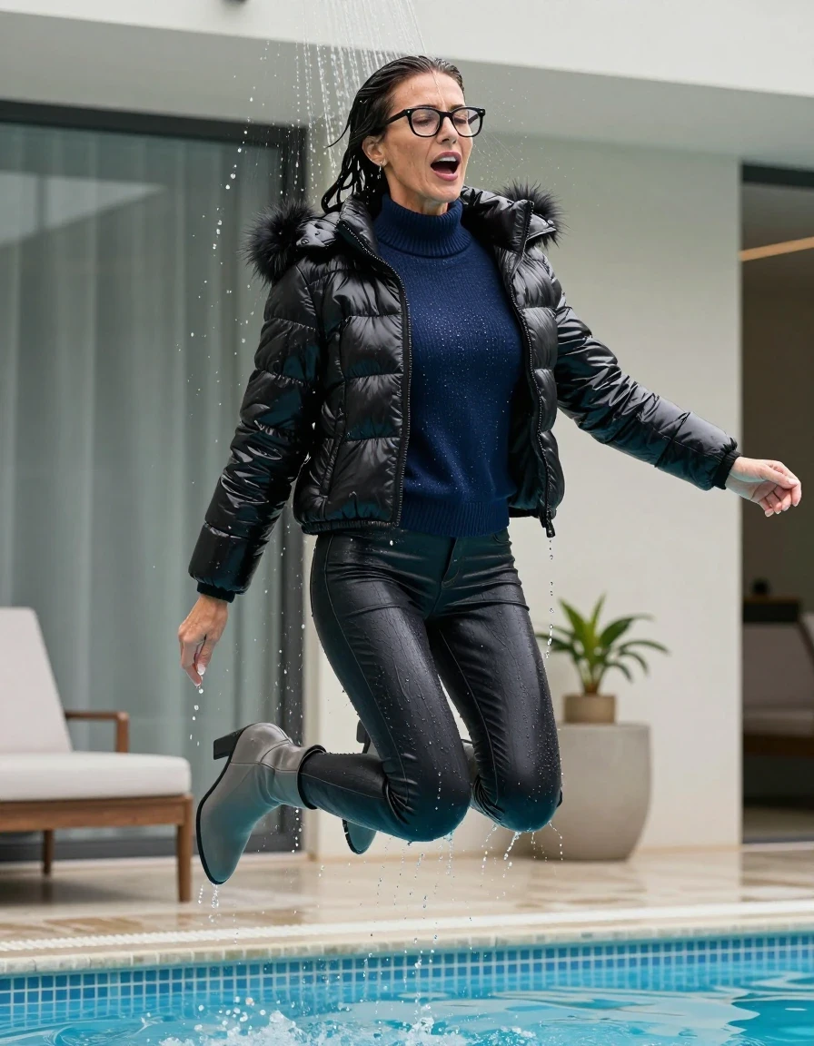 photo of young woman, in soaking wet, drenched clothes,
gray heeled boots, long back leather jeans, dark blue sweater with neck, maxi black Shiny puffer down jacket with fur, jumping and taking shower after bath in indoor pool, enjoying wet clothes stuck body, enjoying, wet clothes stuck to body, 
enjoying, wet clothes stuck to body,
detailed textures of the wet clothes, wet face, wet plastered hair,
wet, drenched, professional, high-quality details, full body view.
sharp focus, ultra-high pixel detail, realistic, high-quality, full colors, incredibly detailed, 4k, 8k, 16k, hyper-realistic, RAW photo, masterpiece, ultra-detailed, professionally color graded, professional photograph, europen brunette skinny woman 50 years old, long dark black hair, office glasses, very big and thick lips, open mouth, complete body, wet skin, wet clothes, damp fabric, wet skin, wet clothes, damp fabric, wet skin, wet clothes, damp fabric, wet skin, wet clothes, damp fabric, wet skin, wet clothes, damp fabric, wet skin, wet clothes, damp fabric, wet skin, wet clothes, damp fabric