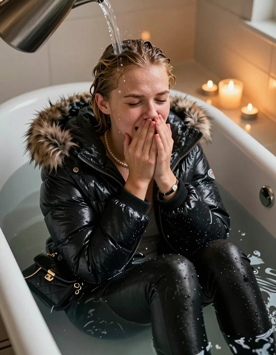 photo of young woman, in soaking wet, drenched clothes,
, Black leatherleggings , moncler shiny puffer down jacket with fur, v-neck sweater, shoulderbag, pearl necklace, bracelet, wristwatch, Bathtube, 
enjoying, wet clothes stuck to body,
detailed textures of the wet clothes, wet face, wet plastered hair,
wet, drenched, professional, high-quality details, full body view.
sharp focus, ultra-high pixel detail, realistic, high-quality, full colors, incredibly detailed, 4k, 8k, 16k, hyper-realistic, RAW photo, masterpiece, ultra-detailed, professionally color graded, professional photograph, Blonde sleek bun 
15-years-old  teenage girl 

Only head and shoulders are over the surface visible.  Looking at camera. half closed eyes. Hold her hands on her mouth. 

Sitting in a deep, white porcelain bathtub filled with warm, steaming water. She is leaning her head back with a horny and sexuell aroused expression. She has a great orgasm and moans heavy. A heavy stream of water is pouring from a pitcher onto her hairline, with the hair in the immediate area beginning to darken and nestle down from the saturation, while the rest of her hair remains dry. The bathroom is softly lit by the warm, flickering glow of multiple tea lights placed around the tub and a larger scented candle nearby, creating a romantic and intimate atmosphere. High-quality, 16k resolution.

she is completely underwater up to her neck, afraid and astonished expression. 

her clothing is soaking wet and clinging tightly to her skin, showing heavy wet folds, darkened fabric texture, and deep water-saturated Patches, her clothes are heavy from the water, water runs from her body and her clothes in streams. A lot of water also runs out of her clothes. Her clothes are darkened by the water. Her submerged clothes are good visible under the water.  she soaked her handbag into the water.

close up view, wet skin, wet clothes, wet hair, damp fabric, water runs down the clothes, wet skin, wet clothes, damp fabric. cinematic medium shot, hyper-realistic wetness, high-contrast water sheen, sharp focus, 16k resolution, professional photography, realistic water physics., wet skin, wet clothes, damp fabric, wet skin, wet clothes, damp fabric, wet skin, wet clothes, damp fabric, wet skin, wet clothes, damp fabric, wet skin, wet clothes, damp fabric, wet skin, wet clothes, damp fabric, wet skin, wet clothes, damp fabric, wet skin, wet clothes, damp fabric, wet skin, wet clothes, damp fabric, wet skin, wet clothes, damp fabric, wet skin, wet clothes, damp fabric, wet skin, wet clothes, damp fabric, wet skin, wet clothes, damp fabric, wet skin, wet clothes, damp fabric, wet skin, wet clothes, damp fabric