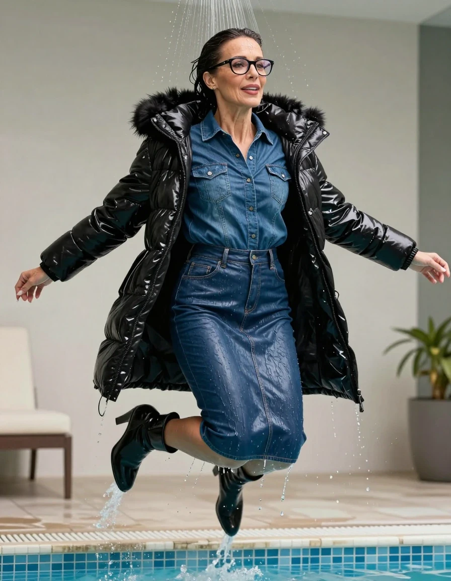photo of young woman, in soaking wet, drenched clothes,
blackheeled boots, long blue leather denim skirt, dark blue denim shirt, maxi black Shiny puffer down jacket with fur, jumping and taking shower after bath in indoor pool, enjoying wet clothes stuck body, enjoying, wet clothes stuck to body, 
enjoying, wet clothes stuck to body,
detailed textures of the wet clothes, wet face, wet plastered hair,
wet, drenched, professional, high-quality details, full body view.
sharp focus, ultra-high pixel detail, realistic, high-quality, full colors, incredibly detailed, 4k, 8k, 16k, hyper-realistic, RAW photo, masterpiece, ultra-detailed, professionally color graded, professional photograph, europen brunette skinny woman 50 years old, long dark black hair, office glasses, very big and thick lips, complete body, wet skin, wet clothes, damp fabric, wet skin, wet clothes, damp fabric, wet skin, wet clothes, damp fabric, wet skin, wet clothes, damp fabric, wet skin, wet clothes, damp fabric, wet skin, wet clothes, damp fabric, wet skin, wet clothes, damp fabric