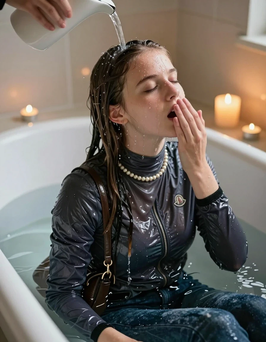 photo of young woman, in soaking wet, drenched clothes,
, Skinny jeans, Moncler shiny puffer down jacket, tight turtleneck sweater belly free, shoulderbag, pearl necklace, bracelet, wristwatch, Bathtube, 
enjoying, wet clothes stuck to body,
detailed textures of the wet clothes, wet face, wet plastered hair,
wet, drenched, professional, high-quality details, full body view.
sharp focus, ultra-high pixel detail, realistic, high-quality, full colors, incredibly detailed, 4k, 8k, 16k, hyper-realistic, RAW photo, masterpiece, ultra-detailed, professionally color graded, professional photograph, Long Sleek straight hair

15-years-old  teenage girl 

Only head and shoulders are over the surface visible. Open mouth. Hold her Hand on her mouth. Water running down her face and neck and clothes.

sitting in a deep, white porcelain bathtub filled with warm, steaming water. She is leaning her head back with a serene and expectant expression, eyes closed. A gentle stream of water is pouring from a simple pitcher onto her hairline, with the hair in the immediate area beginning to darken and nestle down from the saturation, while the rest of her hair remains dry. The bathroom is softly lit by the warm, flickering glow of multiple tea lights placed around the tub and a larger scented candle nearby, creating a romantic and intimate atmosphere. High-quality, 16k resolution.

she is completely underwater up to her neck, afraid and astonished expression. 

her clothing is soaking wet and clinging tightly to her skin, showing heavy wet folds, darkened fabric texture, and deep water-saturated Patches, her clothes are heavy from the water, water runs from her body and her clothes in streams. A lot of water also runs out of her clothes. Her clothes are darkened by the water. Her submerged clothes are good visible under the water.  she soaked her handbag into the water.

close up view, wet skin, wet clothes, wet hair, damp fabric, water runs down the clothes, wet skin, wet clothes, damp fabric. cinematic medium shot, hyper-realistic wetness, high-contrast water sheen, sharp focus, 16k resolution, professional photography, realistic water physics., wet skin, wet clothes, damp fabric, wet skin, wet clothes, damp fabric, wet skin, wet clothes, damp fabric, wet skin, wet clothes, damp fabric, wet skin, wet clothes, damp fabric, wet skin, wet clothes, damp fabric, wet skin, wet clothes, damp fabric, wet skin, wet clothes, damp fabric, wet skin, wet clothes, damp fabric, wet skin, wet clothes, damp fabric, wet skin, wet clothes, damp fabric, wet skin, wet clothes, damp fabric, wet skin, wet clothes, damp fabric, wet skin, wet clothes, damp fabric