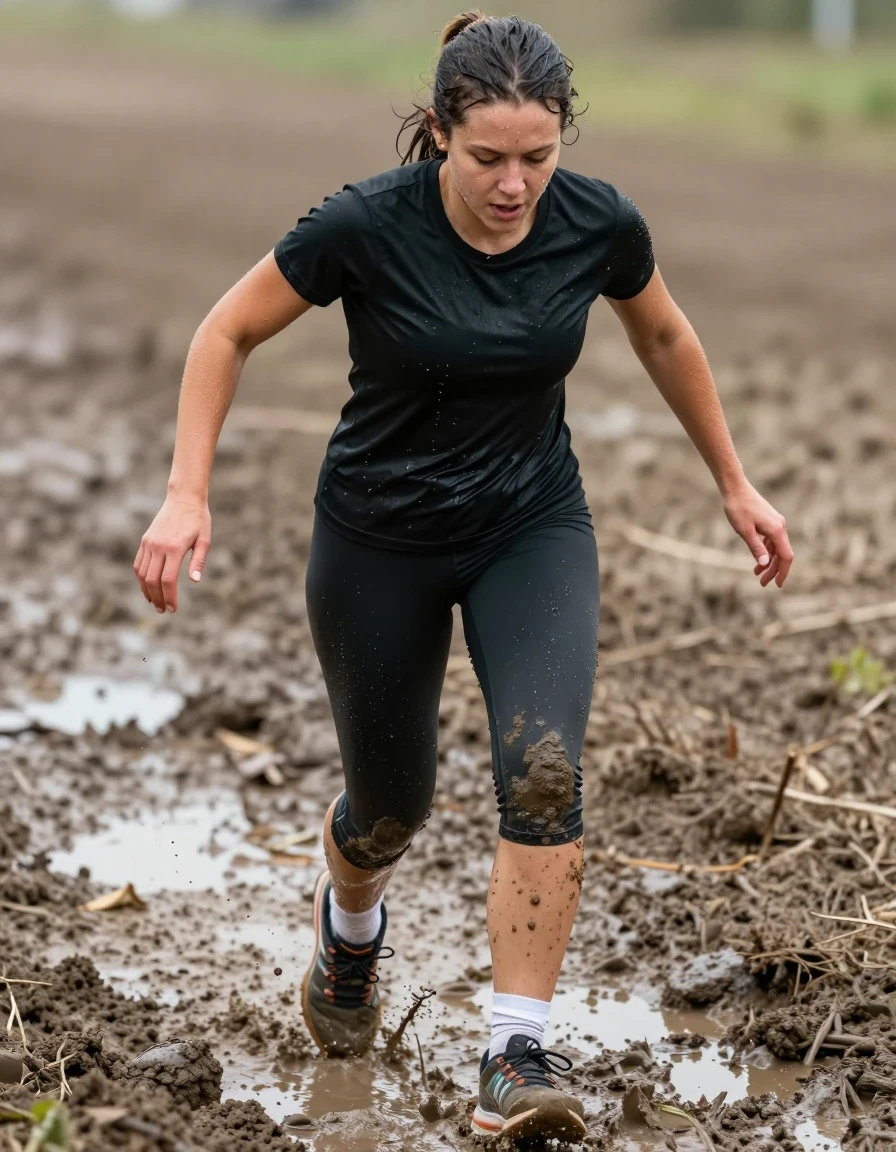 photo of young woman, in soaking wet, drenched clothes,
running sneakers,  white socks, running leggins, black t shirt, mud puddle, 
enjoying, wet clothes stuck to body,
detailed textures of the wet clothes, wet face, wet plastered hair,
wet, drenched, professional, high-quality details, full body view.
sharp focus, ultra-high pixel detail, realistic, high-quality, full colors, incredibly detailed, 4k, 8k, 16k, hyper-realistic, RAW photo, masterpiece, ultra-detailed, professionally color graded, professional photograph, slowly stepping in mud, one leg and sock muddy, wet skin, wet clothes, damp fabric