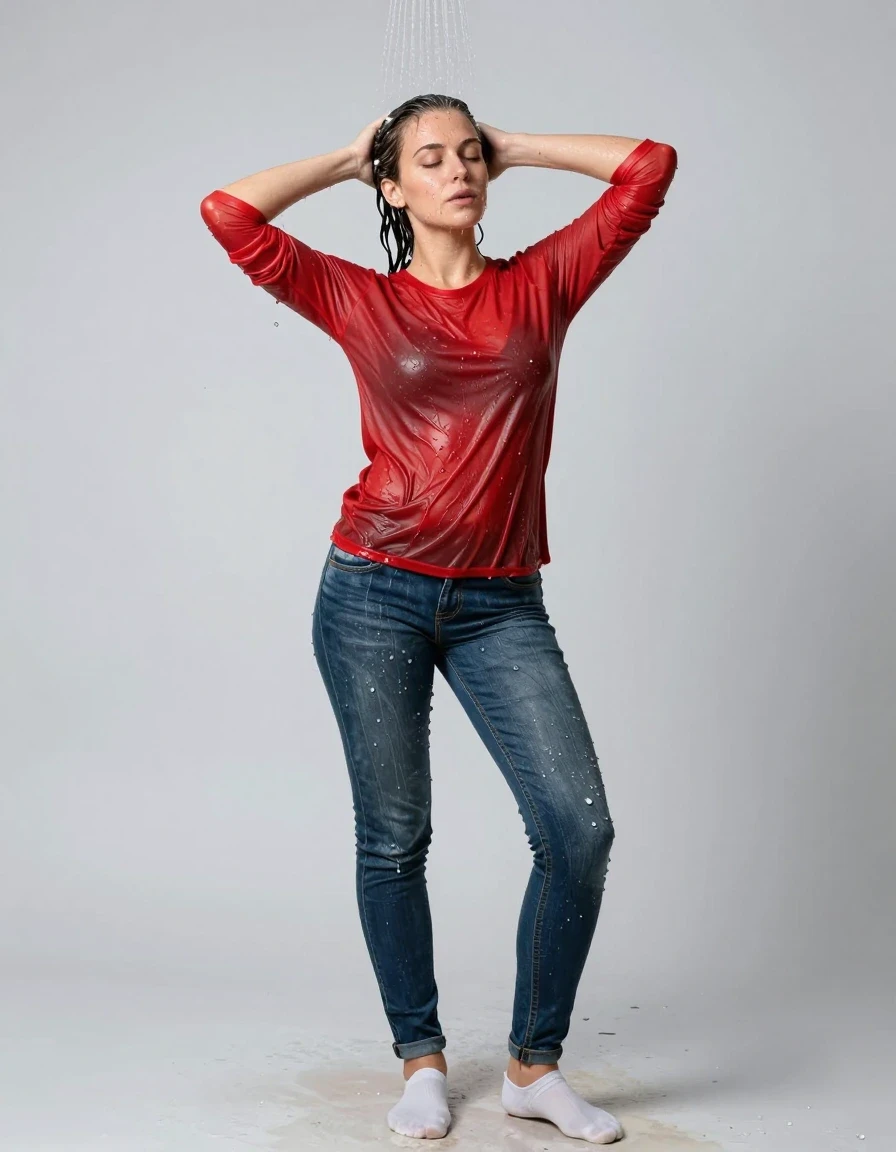photo of young woman, in soaking wet, drenched clothes,
 white socks without shoes, long jeans, red t shirt with long sleeves, shower, 
enjoying, wet clothes stuck to body,
detailed textures of the wet clothes, wet face, wet plastered hair,
wet, drenched, professional, high-quality details, full body view.
sharp focus, ultra-high pixel detail, realistic, high-quality, full colors, incredibly detailed, 4k, 8k, 16k, hyper-realistic, RAW photo, masterpiece, ultra-detailed, professionally color graded, professional photograph, standing under shower, washing hair, wet skin, wet clothes, damp fabric