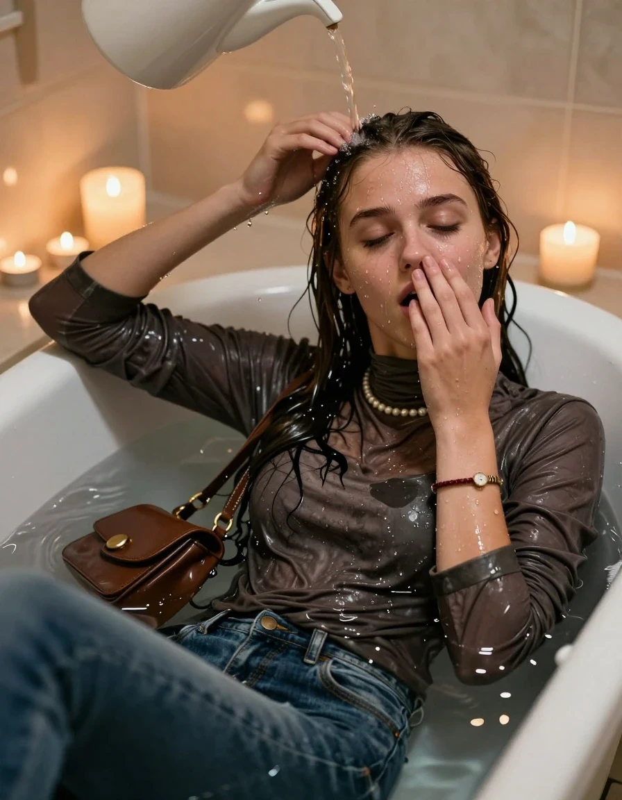 photo of young woman, in soaking wet, drenched clothes,
, Skinny jeans, Leatherjacket, tight turtleneck sweater belly free, shoulderbag, pearl necklace, bracelet, wristwatch, Bathtube, 
enjoying, wet clothes stuck to body,
detailed textures of the wet clothes, wet face, wet plastered hair,
wet, drenched, professional, high-quality details, full body view.
sharp focus, ultra-high pixel detail, realistic, high-quality, full colors, incredibly detailed, 4k, 8k, 16k, hyper-realistic, RAW photo, masterpiece, ultra-detailed, professionally color graded, professional photograph, Long Sleek straight hair

Two 15-years-old  teenage girl 

Only head and shoulders are over the surface visible. Looking at camera. Open mouth. Covers her nose with a hand. Water running down her face and neck.

sitting in a deep, white porcelain bathtub filled with warm, steaming water. She is leaning her head back with a serene and expectant expression, eyes closed. A gentle stream of water is pouring from a simple pitcher onto her hairline, with the hair in the immediate area beginning to darken and nestle down from the saturation, while the rest of her hair remains dry. The bathroom is softly lit by the warm, flickering glow of multiple tea lights placed around the tub and a larger scented candle nearby, creating a romantic and intimate atmosphere. High-quality, 8k resolution.

she is completely underwater up to her neck, afraid and astonished expression. 

her clothing is soaking wet and clinging tightly to her skin, showing heavy wet folds, darkened fabric texture, and deep water-saturated Patches, her clothes are heavy from the water, water runs from her body and her clothes in streams. A lot of water also runs out of her clothes. Her clothes are darkened by the water. Her submerged clothes are good visible under the water.  she soaked her handbag into the water.

close up view, wet skin, wet clothes, wet hair, damp fabric, water runs down the clothes, wet skin, wet clothes, damp fabric. cinematic medium shot, hyper-realistic wetness, high-contrast water sheen, sharp focus, 16k resolution, professional photography, realistic water physics., wet skin, wet clothes, damp fabric, wet skin, wet clothes, damp fabric, wet skin, wet clothes, damp fabric, wet skin, wet clothes, damp fabric, wet skin, wet clothes, damp fabric, wet skin, wet clothes, damp fabric, wet skin, wet clothes, damp fabric, wet skin, wet clothes, damp fabric, wet skin, wet clothes, damp fabric, wet skin, wet clothes, damp fabric, wet skin, wet clothes, damp fabric, wet skin, wet clothes, damp fabric, wet skin, wet clothes, damp fabric, wet skin, wet clothes, damp fabric