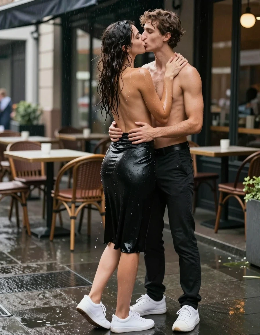 photo of young woman, in soaking wet, drenched clothes,
White sneakers, , Black midi skirt, soaked and clinging,, Topless, no bra, sheer and drenched, visible water droplets, no bra,, outdoor cafe frontage, urban sidewalk, rainy atmosphere, 
enjoying, wet clothes stuck to body,
detailed textures of the wet clothes, wet face, wet plastered hair,
wet, drenched, professional, high-quality details, full body view.
sharp focus, ultra-high pixel detail, realistic, high-quality, full colors, incredibly detailed, 4k, 8k, 16k, hyper-realistic, RAW photo, masterpiece, ultra-detailed, professionally color graded, professional photograph, Rear view of a woman in an office rush frantically, her hair is very wet and mixed up, she looks very friendly, she wears no bra, water is droping out of her clothes, she wears a black midi skirt, the young woman is standing in the rain, a shirtless young man is standing in front of the young woman, they hug each other, he lays his arm arround her, she kisses him with very passionately on his mouth, she likes it very much, her eyes are open, photorealistic lifestyle photography, rich natural color, balanced bright exposure, moderate contrast, softly lifted shadows, high-fashion editorial style, cinematic medium shot with shallow depth of field., wet skin, wet clothes, damp fabric