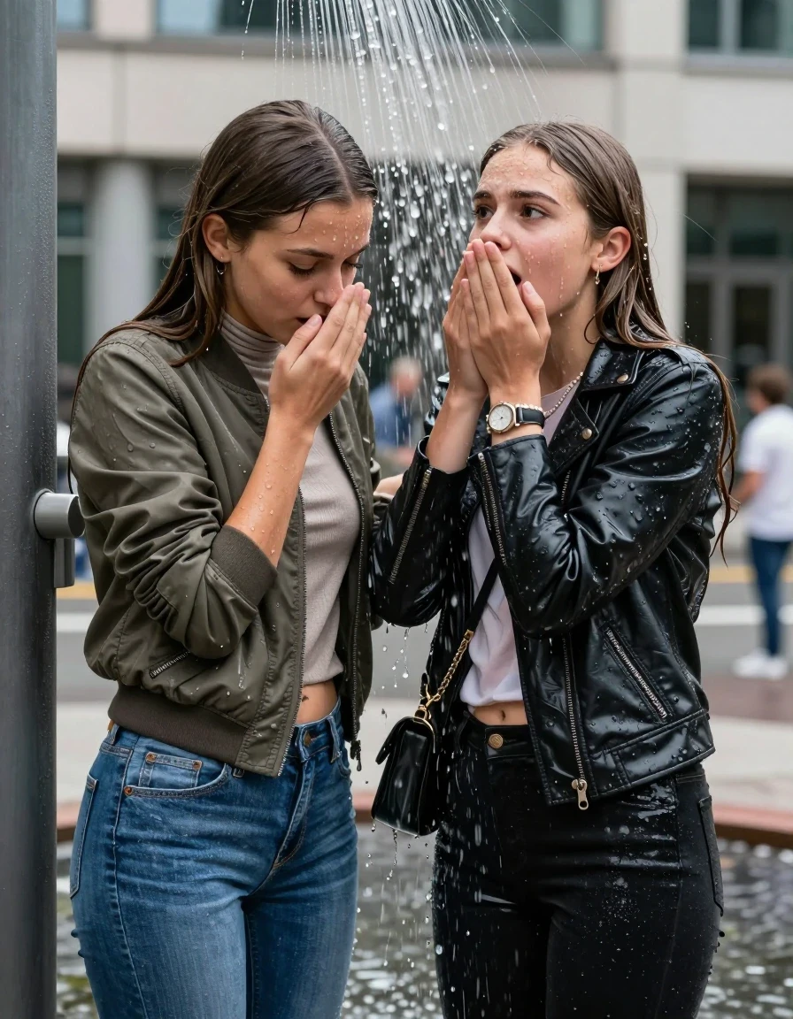 photo of young woman, in soaking wet, drenched clothes,
, Skinny jeans, Bomber jacket , Long sleeve turtleneck sweater belly free, shoulderbag, pearl necklace, bracelet, wristwatch, Under the shower Standings in fountain in front of a office on the street, strong jet of water, 
enjoying, wet clothes stuck to body,
detailed textures of the wet clothes, wet face, wet plastered hair,
wet, drenched, professional, high-quality details, full body view.
sharp focus, ultra-high pixel detail, realistic, high-quality, full colors, incredibly detailed, 4k, 8k, 16k, hyper-realistic, RAW photo, masterpiece, ultra-detailed, professionally color graded, professional photograph, Long Sleek straight hair

Two 15-years-old  teenage girl and her female  friends

One looks down, one looks up. Open mouth. Covers her nose with a hand. hugs her friend. Water running down her face and neck.

The girls wear different clothes and jackets. One wear a Bomber jacket, one wear a leatherjacket.

she is completely underwater up to her neck, afraid and astonished expression. 

her clothing is soaking wet and clinging tightly to her skin, showing heavy wet folds, darkened fabric texture, and deep water-saturated Patches, her clothes are heavy from the water, water runs from her body and her clothes in streams. A lot of water also runs out of her clothes. Her clothes are darkened by the water. Her submerged clothes are good visible under the water.  she soaked her handbag into the water.

close up view, wet skin, wet clothes, wet hair, damp fabric, water runs down the clothes, wet skin, wet clothes, damp fabric. cinematic medium shot, hyper-realistic wetness, high-contrast water sheen, sharp focus, 16k resolution, professional photography, realistic water physics., wet skin, wet clothes, damp fabric, wet skin, wet clothes, damp fabric, wet skin, wet clothes, damp fabric, wet skin, wet clothes, damp fabric, wet skin, wet clothes, damp fabric, wet skin, wet clothes, damp fabric, wet skin, wet clothes, damp fabric, wet skin, wet clothes, damp fabric, wet skin, wet clothes, damp fabric, wet skin, wet clothes, damp fabric, wet skin, wet clothes, damp fabric, wet skin, wet clothes, damp fabric