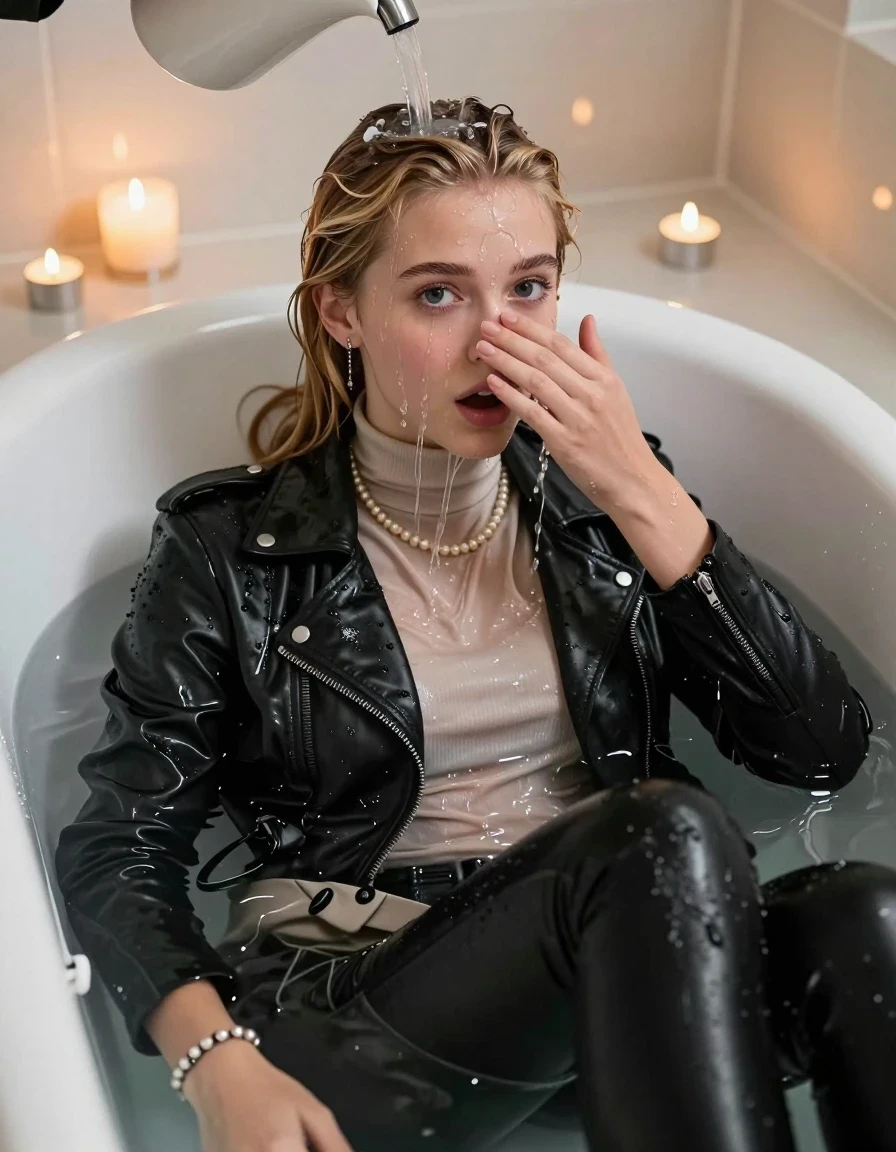photo of young woman, in soaking wet, drenched clothes,
, Black leatherleggings , Black Leatherjacket, light beige tight turtleneck sweater, shoulderbag, pearl necklace, bracelet, wristwatch, Bathtube, 
enjoying, wet clothes stuck to body,
detailed textures of the wet clothes, wet face, wet plastered hair,
wet, drenched, professional, high-quality details, full body view.
sharp focus, ultra-high pixel detail, realistic, high-quality, full colors, incredibly detailed, 4k, 8k, 16k, hyper-realistic, RAW photo, masterpiece, ultra-detailed, professionally color graded, professional photograph, Blonde Sleek long straight hair
15-years-old  teenage girl 

Only head and shoulders are over the surface visible.  Looking at camera.  Open mouth, big eyes. Hold her Hand in front of her nose. Water running down her face and neck and clothes.

sitting in a deep, white porcelain bathtub filled with warm, steaming water. She is leaning her head back with a horny and sexuell aroused expression. A gentle stream of water is pouring from a simple pitcher onto her hairline, with the hair in the immediate area beginning to darken and nestle down from the saturation, while the rest of her hair remains dry. The bathroom is softly lit by the warm, flickering glow of multiple tea lights placed around the tub and a larger scented candle nearby, creating a romantic and intimate atmosphere. High-quality, 16k resolution.

she is completely underwater up to her neck, afraid and astonished expression. 

her clothing is soaking wet and clinging tightly to her skin, showing heavy wet folds, darkened fabric texture, and deep water-saturated Patches, her clothes are heavy from the water, water runs from her body and her clothes in streams. A lot of water also runs out of her clothes. Her clothes are darkened by the water. Her submerged clothes are good visible under the water.  she soaked her handbag into the water.

close up view, wet skin, wet clothes, wet hair, damp fabric, water runs down the clothes, wet skin, wet clothes, damp fabric. cinematic medium shot, hyper-realistic wetness, high-contrast water sheen, sharp focus, 16k resolution, professional photography, realistic water physics., wet skin, wet clothes, damp fabric, wet skin, wet clothes, damp fabric, wet skin, wet clothes, damp fabric, wet skin, wet clothes, damp fabric, wet skin, wet clothes, damp fabric, wet skin, wet clothes, damp fabric, wet skin, wet clothes, damp fabric, wet skin, wet clothes, damp fabric, wet skin, wet clothes, damp fabric, wet skin, wet clothes, damp fabric, wet skin, wet clothes, damp fabric, wet skin, wet clothes, damp fabric, wet skin, wet clothes, damp fabric, wet skin, wet clothes, damp fabric