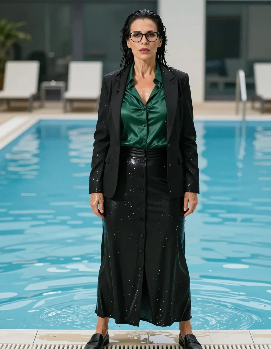 photo of young woman, in soaking wet, drenched clothes,
black shoes, maxi black skirt with buttons, dark green  silk satin shirt with long sleeves, black blazer, after swim in pool, enjoying wet clothes stuck body, enjoying, wet clothes stuck to body, 
enjoying, wet clothes stuck to body,
detailed textures of the wet clothes, wet face, wet plastered hair,
wet, drenched, professional, high-quality details, full body view.
sharp focus, ultra-high pixel detail, realistic, high-quality, full colors, incredibly detailed, 4k, 8k, 16k, hyper-realistic, RAW photo, masterpiece, ultra-detailed, professionally color graded, professional photograph, europen brunette skinny woman 50 years old, long dark black hair, office glasses, very big and thick lips, complete body, wet skin, wet clothes, damp fabric, wet skin, wet clothes, damp fabric, wet skin, wet clothes, damp fabric, wet skin, wet clothes, damp fabric, wet skin, wet clothes, damp fabric, wet skin, wet clothes, damp fabric, wet skin, wet clothes, damp fabric