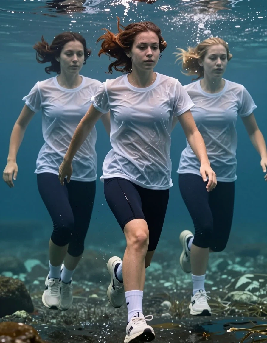 photo of young woman, in soaking wet, drenched clothes,
running sneakers white socks, running short leggins, white t shirt, swimming underwater, 
enjoying, wet clothes stuck to body,
detailed textures of the wet clothes, wet face, wet plastered hair,
wet, drenched, professional, high-quality details, full body view.
sharp focus, ultra-high pixel detail, realistic, high-quality, full colors, incredibly detailed, 4k, 8k, 16k, hyper-realistic, RAW photo, masterpiece, ultra-detailed, professionally color graded, professional photograph, two girls, same type of clothes, wet skin, wet clothes, damp fabric
