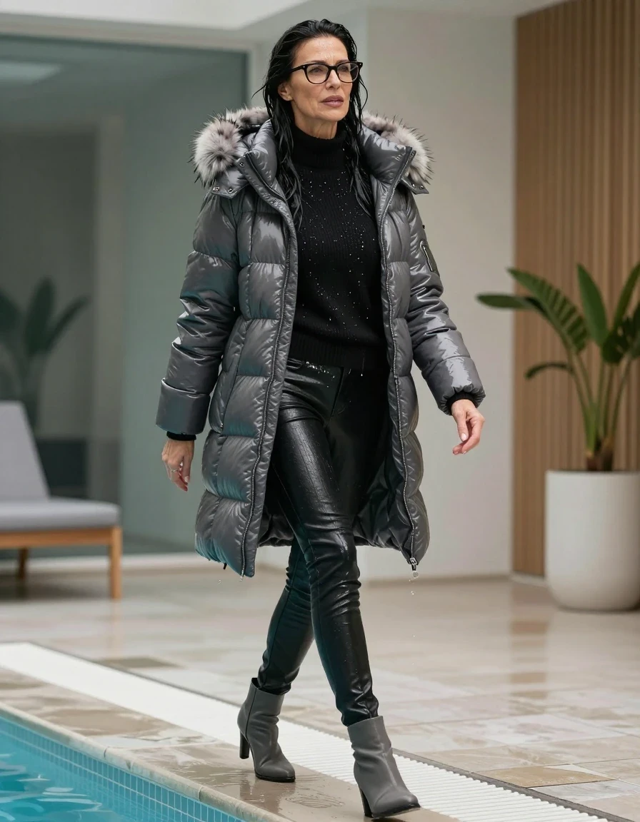 photo of young woman, in soaking wet, drenched clothes,
gray heeled boots, long back leather jeans, black sweater with neck, maxi gray Moncler Shiny puffer down jacket with fur, walking and taking shower after bath in indoor pool, enjoying wet clothes stuck body, enjoying, wet clothes stuck to body, 
enjoying, wet clothes stuck to body,
detailed textures of the wet clothes, wet face, wet plastered hair,
wet, drenched, professional, high-quality details, full body view.
sharp focus, ultra-high pixel detail, realistic, high-quality, full colors, incredibly detailed, 4k, 8k, 16k, hyper-realistic, RAW photo, masterpiece, ultra-detailed, professionally color graded, professional photograph, europen brunette skinny woman 50 years old, long dark black hair, office glasses, very big and thick lips, complete body, wet skin, wet clothes, damp fabric, wet skin, wet clothes, damp fabric, wet skin, wet clothes, damp fabric, wet skin, wet clothes, damp fabric, wet skin, wet clothes, damp fabric, wet skin, wet clothes, damp fabric, wet skin, wet clothes, damp fabric