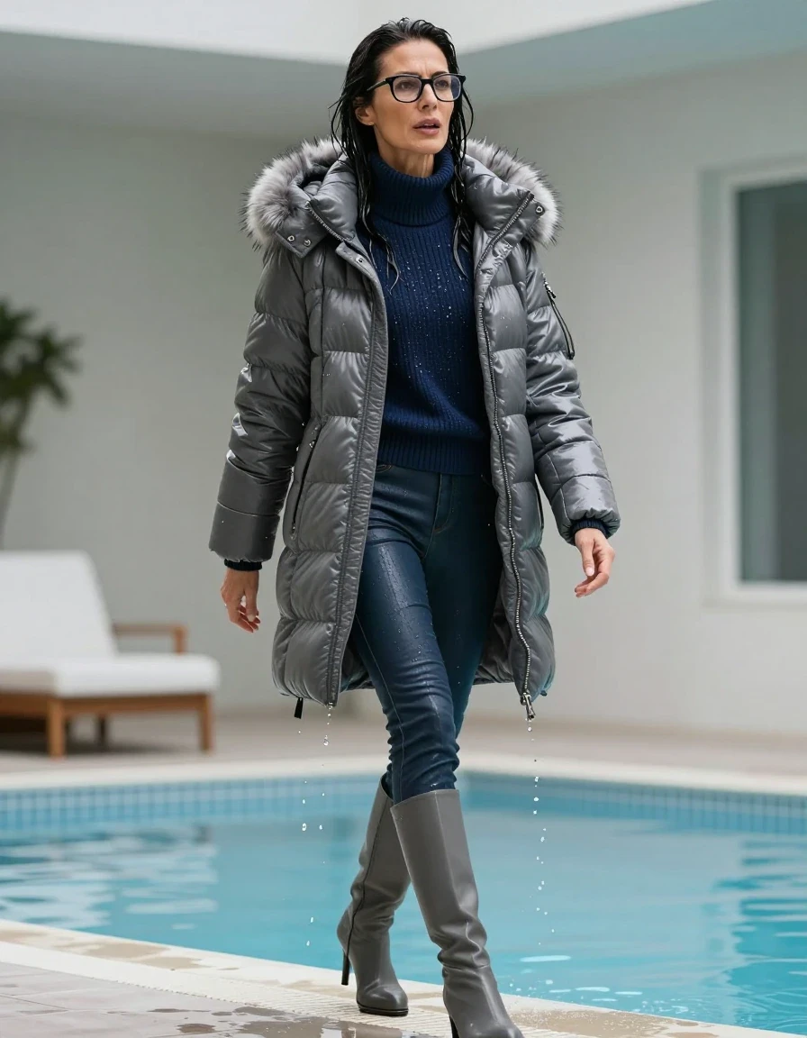 photo of young woman, in soaking wet, drenched clothes,
gray heeled boots, long back leather jeans, dark blue sweater with neck, maxi gray Moncler Shiny puffer down jacket with fur, walking and taking shower after bath in indoor pool, enjoying wet clothes stuck body, enjoying, wet clothes stuck to body, 
enjoying, wet clothes stuck to body,
detailed textures of the wet clothes, wet face, wet plastered hair,
wet, drenched, professional, high-quality details, full body view.
sharp focus, ultra-high pixel detail, realistic, high-quality, full colors, incredibly detailed, 4k, 8k, 16k, hyper-realistic, RAW photo, masterpiece, ultra-detailed, professionally color graded, professional photograph, europen brunette skinny woman 50 years old, long dark black hair, office glasses, very big and thick lips, open mouth, complete body, wet skin, wet clothes, damp fabric, wet skin, wet clothes, damp fabric, wet skin, wet clothes, damp fabric, wet skin, wet clothes, damp fabric, wet skin, wet clothes, damp fabric, wet skin, wet clothes, damp fabric, wet skin, wet clothes, damp fabric