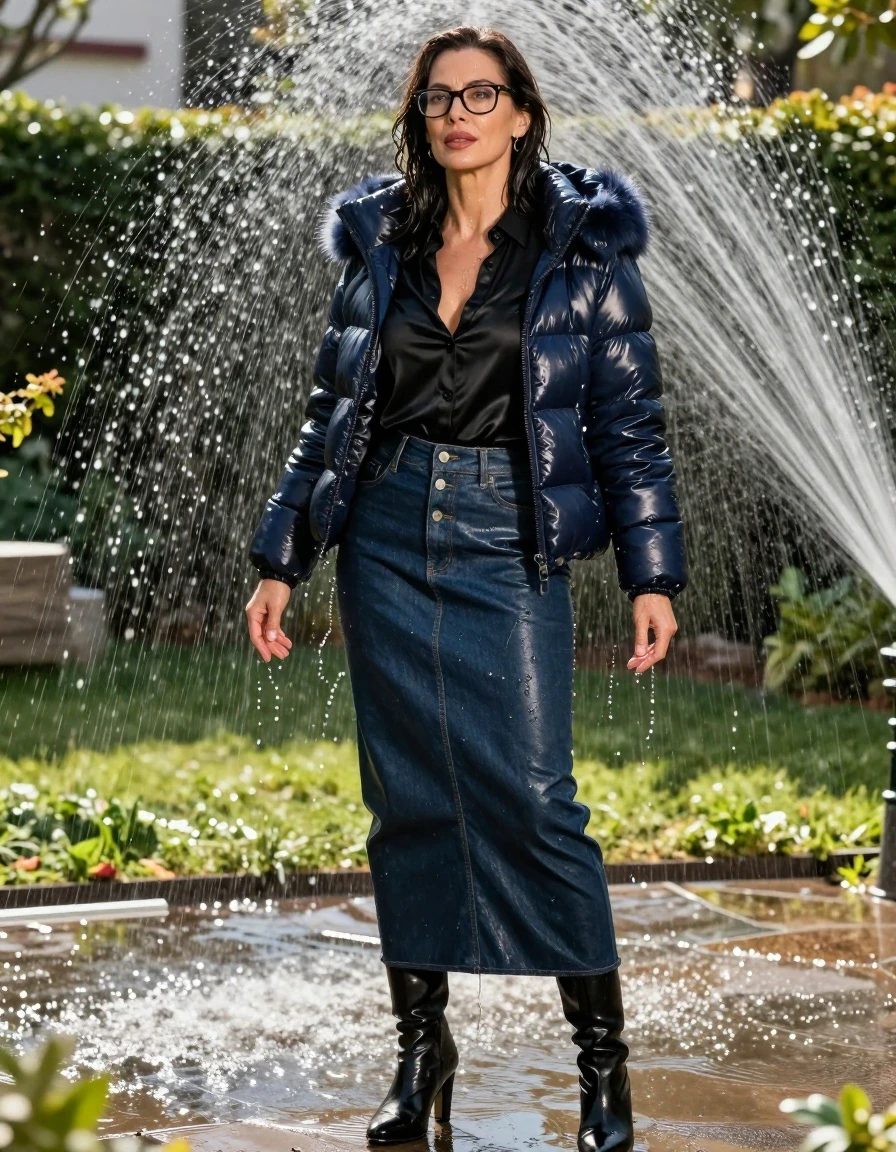 photo of young woman, in soaking wet, drenched clothes,
black heeled boots, maxi dark blue leather denim skirt with buttons, black satin shirt, maxi dark blue Shiny puffer down jacket with fur, in sunny garden under sprinklers enjoying wet clothes stuck body, enjoying, wet clothes stuck to body, 
enjoying, wet clothes stuck to body,
detailed textures of the wet clothes, wet face, wet plastered hair,
wet, drenched, professional, high-quality details, full body view.
sharp focus, ultra-high pixel detail, realistic, high-quality, full colors, incredibly detailed, 4k, 8k, 16k, hyper-realistic, RAW photo, masterpiece, ultra-detailed, professionally color graded, professional photograph, europen brunette skinny woman 50 years old, long dark black hair, office glasses, very big and thick lips, complete body, wet skin, wet clothes, damp fabric, wet skin, wet clothes, damp fabric, wet skin, wet clothes, damp fabric, wet skin, wet clothes, damp fabric, wet skin, wet clothes, damp fabric, wet skin, wet clothes, damp fabric, wet skin, wet clothes, damp fabric