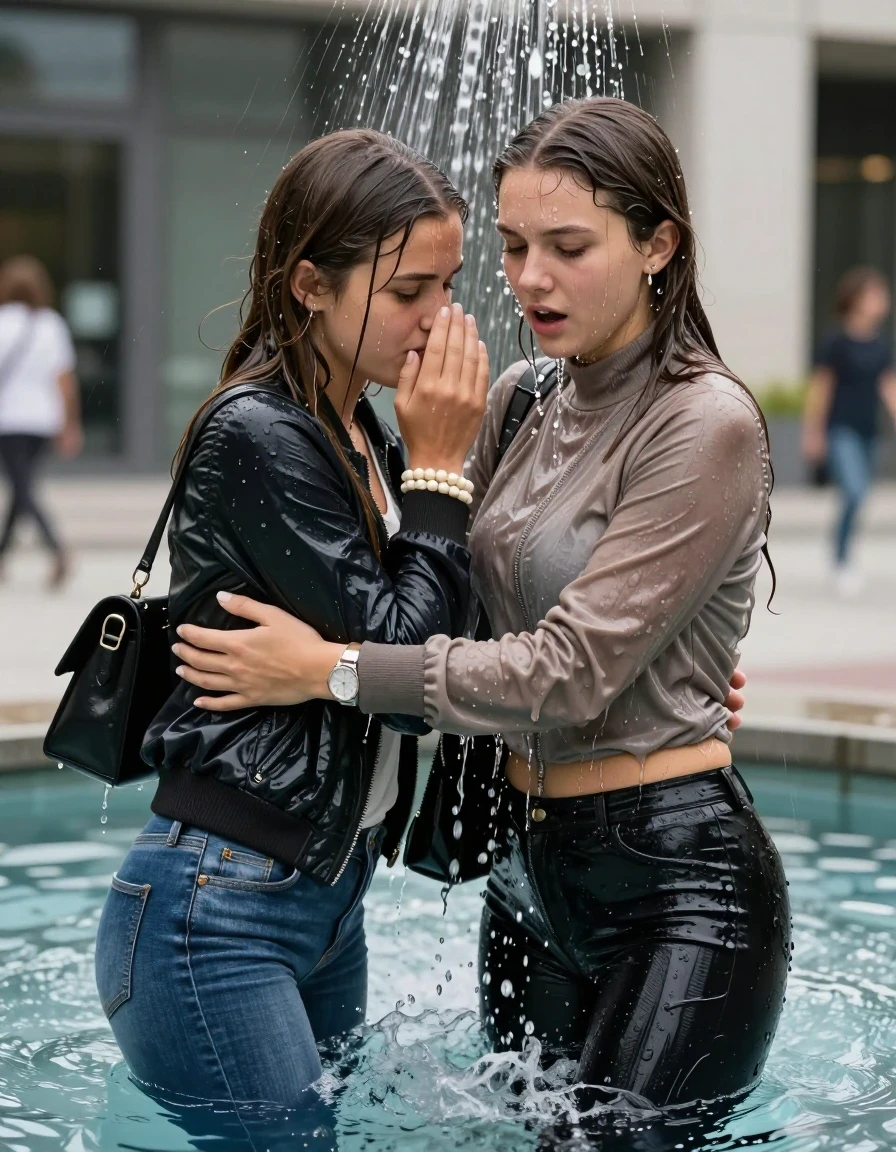 photo of young woman, in soaking wet, drenched clothes,
, Skinny jeans, Bomber jacket , Long sleeve turtleneck sweater belly free, shoulderbag, pearl necklace, bracelet, wristwatch, Under the shower Standings in fountain in front of a office on the street, strong jet of water, 
enjoying, wet clothes stuck to body,
detailed textures of the wet clothes, wet face, wet plastered hair,
wet, drenched, professional, high-quality details, full body view.
sharp focus, ultra-high pixel detail, realistic, high-quality, full colors, incredibly detailed, 4k, 8k, 16k, hyper-realistic, RAW photo, masterpiece, ultra-detailed, professionally color graded, professional photograph, Long Sleek straight hair

Two 15-years-old  teenage girl and her female  friends

Only head and shoulders are over the surface visible. Looking down. Open mouth. Covers her nose with a hand. hugs her friend. Water running down her face and neck.

The girls wear different clothes and jackets.

she is completely underwater up to her neck, afraid and astonished expression. 

her clothing is soaking wet and clinging tightly to her skin, showing heavy wet folds, darkened fabric texture, and deep water-saturated Patches, her clothes are heavy from the water, water runs from her body and her clothes in streams. A lot of water also runs out of her clothes. Her clothes are darkened by the water. Her submerged clothes are good visible under the water.  she soaked her handbag into the water.

close up view, wet skin, wet clothes, wet hair, damp fabric, water runs down the clothes, wet skin, wet clothes, damp fabric. cinematic medium shot, hyper-realistic wetness, high-contrast water sheen, sharp focus, 16k resolution, professional photography, realistic water physics., wet skin, wet clothes, damp fabric, wet skin, wet clothes, damp fabric, wet skin, wet clothes, damp fabric, wet skin, wet clothes, damp fabric, wet skin, wet clothes, damp fabric, wet skin, wet clothes, damp fabric, wet skin, wet clothes, damp fabric, wet skin, wet clothes, damp fabric, wet skin, wet clothes, damp fabric, wet skin, wet clothes, damp fabric, wet skin, wet clothes, damp fabric, wet skin, wet clothes, damp fabric
