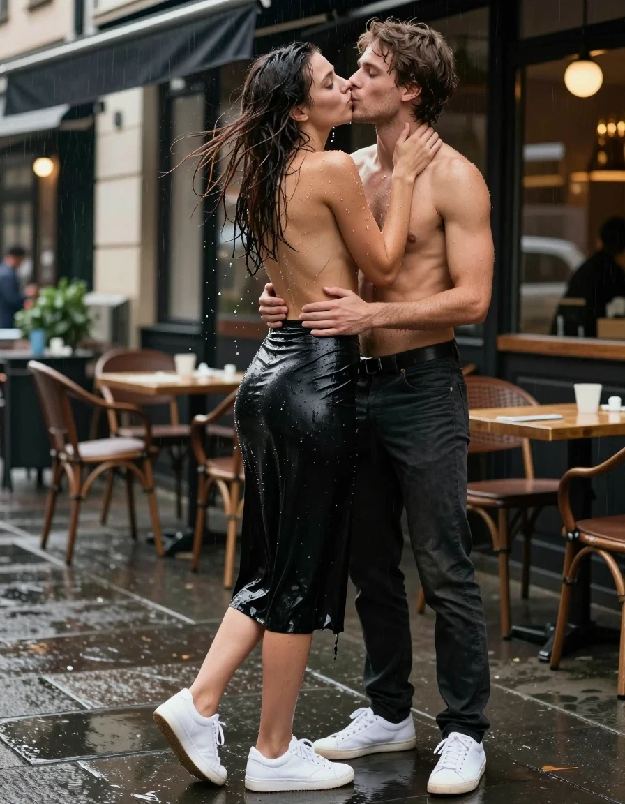 photo of young woman, in soaking wet, drenched clothes,
White sneakers, , Black midi skirt, soaked and clinging,, Topless, no bra, sheer and drenched, visible water droplets, no bra,, outdoor cafe frontage, urban sidewalk, rainy atmosphere, 
enjoying, wet clothes stuck to body,
detailed textures of the wet clothes, wet face, wet plastered hair,
wet, drenched, professional, high-quality details, full body view.
sharp focus, ultra-high pixel detail, realistic, high-quality, full colors, incredibly detailed, 4k, 8k, 16k, hyper-realistic, RAW photo, masterpiece, ultra-detailed, professionally color graded, professional photograph, Rear view of a woman in an office rush frantically, her hair is very wet and mixed up, she looks very friendly, she wears no bra, water is droping out of her clothes, she wears a black midi skirt, the young woman is standing in the rain, a shirtless young man is standing in front of the young woman, they hug each other, he lays one hand on her head, she kisses him with very passionately on his mouth, she likes it very much, her eyes are open, photorealistic lifestyle photography, rich natural color, balanced bright exposure, moderate contrast, softly lifted shadows, high-fashion editorial style, cinematic medium shot with shallow depth of field., wet skin, wet clothes, damp fabric