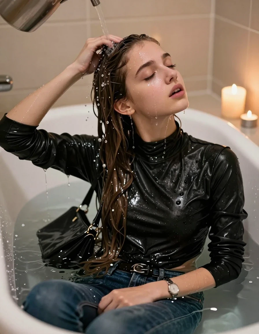 photo of young woman, in soaking wet, drenched clothes,
, Skinny jeans, Black Leatherjacket, tight turtleneck sweater belly free, shoulderbag, pearl necklace, bracelet, wristwatch, Bathtube, 
enjoying, wet clothes stuck to body,
detailed textures of the wet clothes, wet face, wet plastered hair,
wet, drenched, professional, high-quality details, full body view.
sharp focus, ultra-high pixel detail, realistic, high-quality, full colors, incredibly detailed, 4k, 8k, 16k, hyper-realistic, RAW photo, masterpiece, ultra-detailed, professionally color graded, professional photograph, Long Sleek straight hair

15-years-old  teenage girl 

Only head and shoulders are over the surface visible. Open mouth. Water running down her face and neck.

sitting in a deep, white porcelain bathtub filled with warm, steaming water. She is leaning her head back with a serene and expectant expression, eyes closed. A gentle stream of water is pouring from a simple pitcher onto her hairline, with the hair in the immediate area beginning to darken and nestle down from the saturation, while the rest of her hair remains dry. The bathroom is softly lit by the warm, flickering glow of multiple tea lights placed around the tub and a larger scented candle nearby, creating a romantic and intimate atmosphere. High-quality, 16k resolution.

she is completely underwater up to her neck, afraid and astonished expression. 

her clothing is soaking wet and clinging tightly to her skin, showing heavy wet folds, darkened fabric texture, and deep water-saturated Patches, her clothes are heavy from the water, water runs from her body and her clothes in streams. A lot of water also runs out of her clothes. Her clothes are darkened by the water. Her submerged clothes are good visible under the water.  she soaked her handbag into the water.

close up view, wet skin, wet clothes, wet hair, damp fabric, water runs down the clothes, wet skin, wet clothes, damp fabric. cinematic medium shot, hyper-realistic wetness, high-contrast water sheen, sharp focus, 16k resolution, professional photography, realistic water physics., wet skin, wet clothes, damp fabric, wet skin, wet clothes, damp fabric, wet skin, wet clothes, damp fabric, wet skin, wet clothes, damp fabric, wet skin, wet clothes, damp fabric, wet skin, wet clothes, damp fabric, wet skin, wet clothes, damp fabric, wet skin, wet clothes, damp fabric, wet skin, wet clothes, damp fabric, wet skin, wet clothes, damp fabric, wet skin, wet clothes, damp fabric, wet skin, wet clothes, damp fabric, wet skin, wet clothes, damp fabric, wet skin, wet clothes, damp fabric