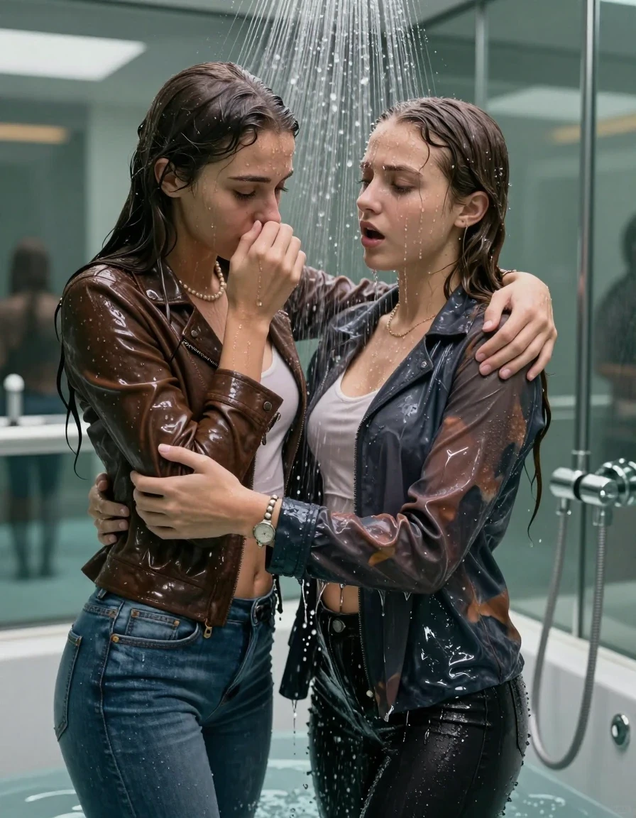 photo of young woman, in soaking wet, drenched clothes,
, Skinny jeans, Leather Blouson with fur, Long sleeve turtleneck sweater belly free, shoulderbag, pearl necklace, bracelet, wristwatch, Under the shower emerging in a tube, strong jet of water, at modern mirrored spa, 
enjoying, wet clothes stuck to body,
detailed textures of the wet clothes, wet face, wet plastered hair,
wet, drenched, professional, high-quality details, full body view.
sharp focus, ultra-high pixel detail, realistic, high-quality, full colors, incredibly detailed, 4k, 8k, 16k, hyper-realistic, RAW photo, masterpiece, ultra-detailed, professionally color graded, professional photograph, Long Sleek straight hair

Two 15-years-old  teenage girl and her female  friends

Only head and shoulders are over the surface visible. Looking down. Open mouth. Covers her nose with a hand. hugs her friend. Water running down her face and neck.

The girls wear different clothes and jackets.

she is completely underwater up to her neck, afraid and astonished expression. 

her clothing is soaking wet and clinging tightly to her skin, showing heavy wet folds, darkened fabric texture, and deep water-saturated Patches, her clothes are heavy from the water, water runs from her body and her clothes in streams. A lot of water also runs out of her clothes. Her clothes are darkened by the water. Her submerged clothes are good visible under the water.  she soaked her handbag into the water.

close up view, wet skin, wet clothes, wet hair, damp fabric, water runs down the clothes, wet skin, wet clothes, damp fabric. cinematic medium shot, hyper-realistic wetness, high-contrast water sheen, sharp focus, 16k resolution, professional photography, realistic water physics., wet skin, wet clothes, damp fabric, wet skin, wet clothes, damp fabric, wet skin, wet clothes, damp fabric, wet skin, wet clothes, damp fabric, wet skin, wet clothes, damp fabric, wet skin, wet clothes, damp fabric, wet skin, wet clothes, damp fabric, wet skin, wet clothes, damp fabric, wet skin, wet clothes, damp fabric, wet skin, wet clothes, damp fabric, wet skin, wet clothes, damp fabric