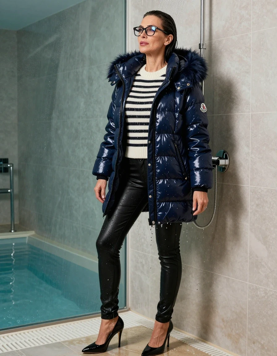 photo of young woman, in soaking wet, drenched clothes,
black heeled shoes, long black leather jeans, white & black striped sweater with neck, maxi dark blue Moncler Shiny puffer down jacket with fur, taking shower after bath in indoor pool, enjoying wet clothes stuck body, enjoying, wet clothes stuck to body, 
enjoying, wet clothes stuck to body,
detailed textures of the wet clothes, wet face, wet plastered hair,
wet, drenched, professional, high-quality details, full body view.
sharp focus, ultra-high pixel detail, realistic, high-quality, full colors, incredibly detailed, 4k, 8k, 16k, hyper-realistic, RAW photo, masterpiece, ultra-detailed, professionally color graded, professional photograph, europen brunette skinny woman 50 years old, long dark black hair, office glasses, very big and thick lips, complete body, wet skin, wet clothes, damp fabric, wet skin, wet clothes, damp fabric, wet skin, wet clothes, damp fabric, wet skin, wet clothes, damp fabric, wet skin, wet clothes, damp fabric, wet skin, wet clothes, damp fabric, wet skin, wet clothes, damp fabric