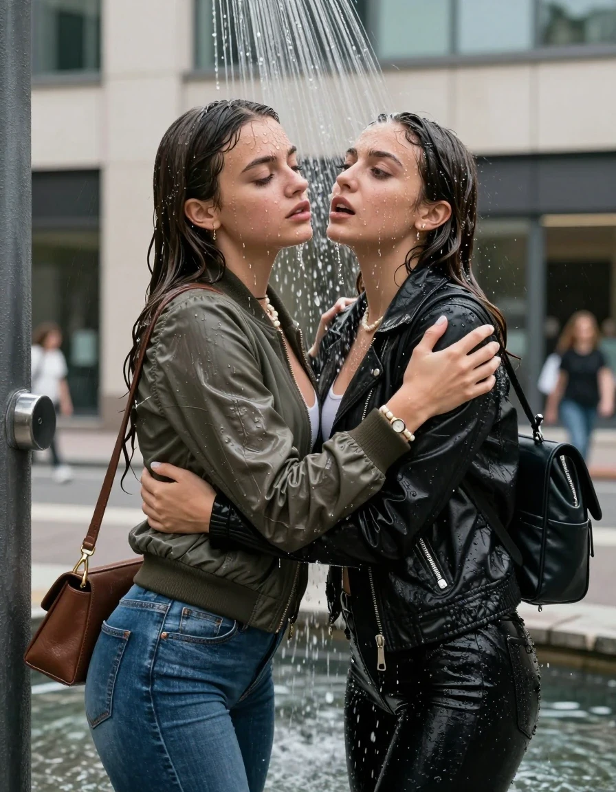 photo of young woman, in soaking wet, drenched clothes,
, Skinny jeans, Bomber jacket , Long sleeve turtleneck sweater belly free, shoulderbag, pearl necklace, bracelet, wristwatch, Under the shower immerse in fountain in front of a office on the street, strong jet of water, 
enjoying, wet clothes stuck to body,
detailed textures of the wet clothes, wet face, wet plastered hair,
wet, drenched, professional, high-quality details, full body view.
sharp focus, ultra-high pixel detail, realistic, high-quality, full colors, incredibly detailed, 4k, 8k, 16k, hyper-realistic, RAW photo, masterpiece, ultra-detailed, professionally color graded, professional photograph, Long Sleek straight hair

Two 21-years-old  teenage girl and her female  friends

One looks down, one looks up. Open mouth. hugs her friend. Water running down her face and neck.

The girls wear different clothes and jackets. One wear a Bomber jacket, one wear a leatherjacket.

she is completely underwater up to her neck, afraid and astonished expression. 

her clothing is soaking wet and clinging tightly to her skin, showing heavy wet folds, darkened fabric texture, and deep water-saturated Patches, her clothes are heavy from the water, water runs from her body and her clothes in streams. A lot of water also runs out of her clothes. Her clothes are darkened by the water. Her submerged clothes are good visible under the water.  she soaked her handbag into the water.

close up view, wet skin, wet clothes, wet hair, damp fabric, water runs down the clothes, wet skin, wet clothes, damp fabric. cinematic medium shot, hyper-realistic wetness, high-contrast water sheen, sharp focus, 16k resolution, professional photography, realistic water physics., wet skin, wet clothes, damp fabric, wet skin, wet clothes, damp fabric, wet skin, wet clothes, damp fabric, wet skin, wet clothes, damp fabric, wet skin, wet clothes, damp fabric, wet skin, wet clothes, damp fabric, wet skin, wet clothes, damp fabric, wet skin, wet clothes, damp fabric, wet skin, wet clothes, damp fabric, wet skin, wet clothes, damp fabric, wet skin, wet clothes, damp fabric, wet skin, wet clothes, damp fabric