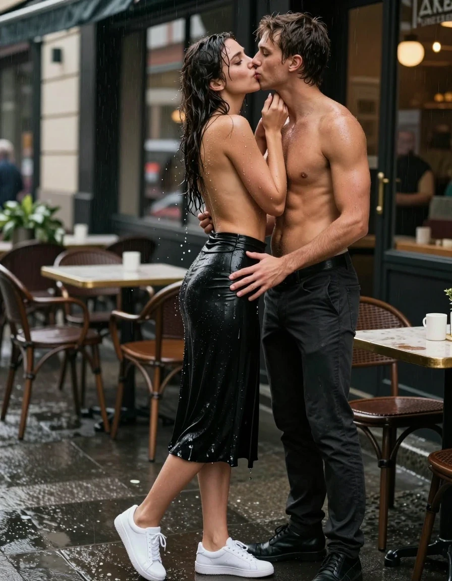 photo of young woman, in soaking wet, drenched clothes,
White sneakers, , Black midi skirt, soaked and clinging,, Topless, no bra, sheer and drenched, visible water droplets, no bra,, outdoor cafe frontage, urban sidewalk, rainy atmosphere, 
enjoying, wet clothes stuck to body,
detailed textures of the wet clothes, wet face, wet plastered hair,
wet, drenched, professional, high-quality details, full body view.
sharp focus, ultra-high pixel detail, realistic, high-quality, full colors, incredibly detailed, 4k, 8k, 16k, hyper-realistic, RAW photo, masterpiece, ultra-detailed, professionally color graded, professional photograph, a woman in an office rush frantically, her hair is very wet and dropping, she looks very erotic, she wears no bra, water is droping out of her clothes, she wears a black midi skirt, the young woman is standing in the rain, a shirtless young man is standing in front of the young woman, they hug each other, he touchs her skirt on her butt, she kisses him with very passionately on his mouth, she likes it very much, her eyes are open, photorealistic lifestyle photography, rich natural color, balanced bright exposure, moderate contrast, softly lifted shadows, high-fashion editorial style, cinematic medium shot with shallow depth of field., wet skin, wet clothes, damp fabric