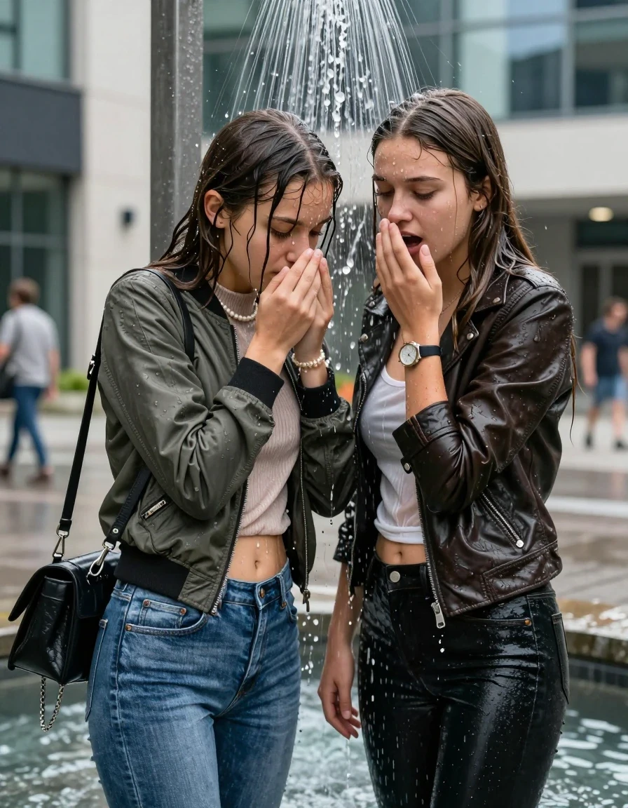 photo of young woman, in soaking wet, drenched clothes,
, Skinny jeans, Bomber jacket , Long sleeve turtleneck sweater belly free, shoulderbag, pearl necklace, bracelet, wristwatch, Under the shower Standings in fountain in front of a office on the street, strong jet of water, 
enjoying, wet clothes stuck to body,
detailed textures of the wet clothes, wet face, wet plastered hair,
wet, drenched, professional, high-quality details, full body view.
sharp focus, ultra-high pixel detail, realistic, high-quality, full colors, incredibly detailed, 4k, 8k, 16k, hyper-realistic, RAW photo, masterpiece, ultra-detailed, professionally color graded, professional photograph, Long Sleek straight hair

Two 15-years-old  teenage girl and her female  friends

Looking down. Open mouth. Covers her nose with a hand. hugs her friend. Water running down her face and neck.

The girls wear different clothes and jackets. One wear a Bomber jacket, one wear a leatherjacket.

she is completely underwater up to her neck, afraid and astonished expression. 

her clothing is soaking wet and clinging tightly to her skin, showing heavy wet folds, darkened fabric texture, and deep water-saturated Patches, her clothes are heavy from the water, water runs from her body and her clothes in streams. A lot of water also runs out of her clothes. Her clothes are darkened by the water. Her submerged clothes are good visible under the water.  she soaked her handbag into the water.

close up view, wet skin, wet clothes, wet hair, damp fabric, water runs down the clothes, wet skin, wet clothes, damp fabric. cinematic medium shot, hyper-realistic wetness, high-contrast water sheen, sharp focus, 16k resolution, professional photography, realistic water physics., wet skin, wet clothes, damp fabric, wet skin, wet clothes, damp fabric, wet skin, wet clothes, damp fabric, wet skin, wet clothes, damp fabric, wet skin, wet clothes, damp fabric, wet skin, wet clothes, damp fabric, wet skin, wet clothes, damp fabric, wet skin, wet clothes, damp fabric, wet skin, wet clothes, damp fabric, wet skin, wet clothes, damp fabric, wet skin, wet clothes, damp fabric, wet skin, wet clothes, damp fabric