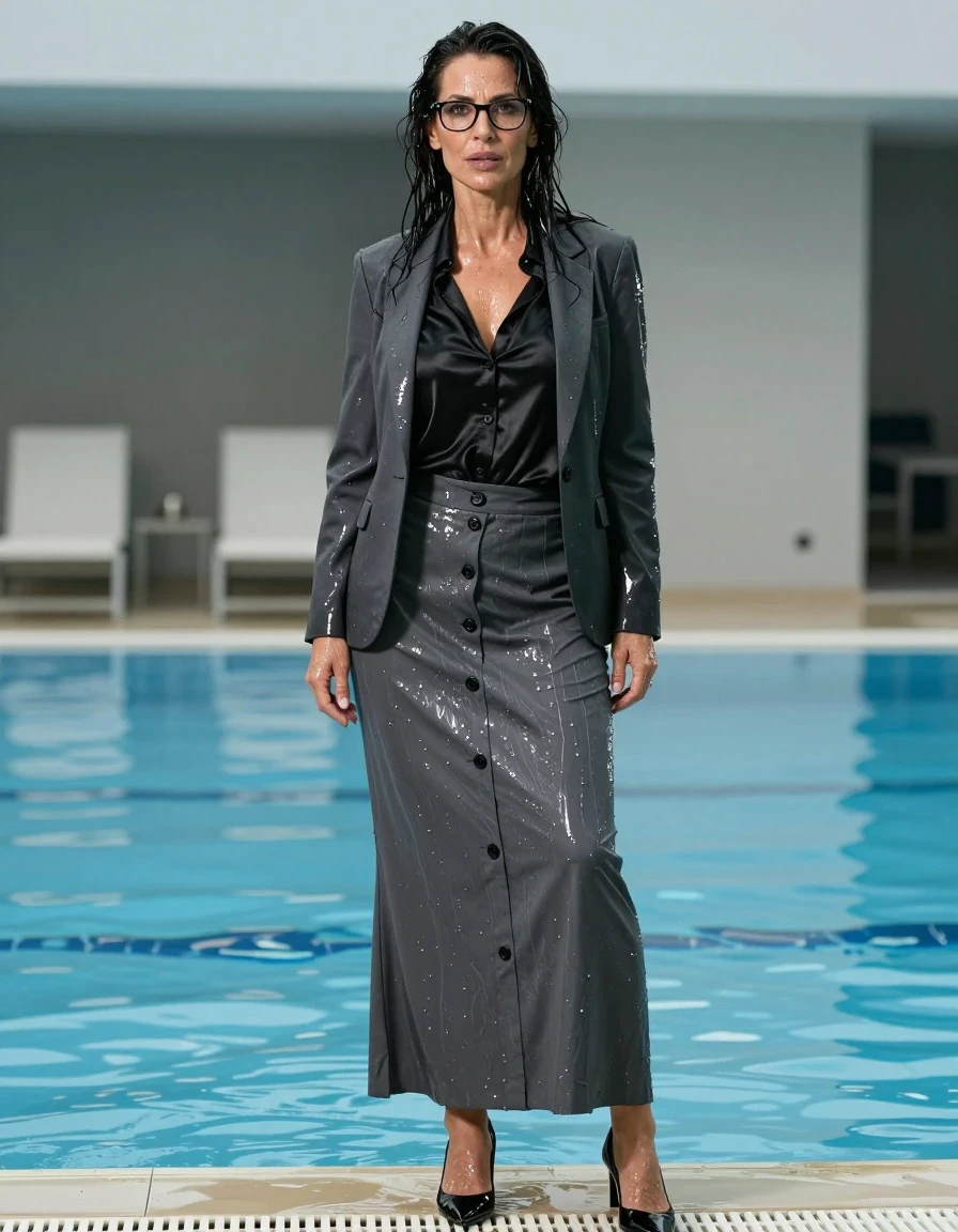 photo of young woman, in soaking wet, drenched clothes,
black shoes, maxi gray skirt with buttons, black silk satin shirt with long sleeves, black gray blazer, after swim in pool, enjoying wet clothes stuck body, enjoying, wet clothes stuck to body, 
enjoying, wet clothes stuck to body,
detailed textures of the wet clothes, wet face, wet plastered hair,
wet, drenched, professional, high-quality details, full body view.
sharp focus, ultra-high pixel detail, realistic, high-quality, full colors, incredibly detailed, 4k, 8k, 16k, hyper-realistic, RAW photo, masterpiece, ultra-detailed, professionally color graded, professional photograph, europen brunette skinny woman 50 years old, long dark black hair, office glasses, very big and thick lips, complete body, wet skin, wet clothes, damp fabric, wet skin, wet clothes, damp fabric, wet skin, wet clothes, damp fabric, wet skin, wet clothes, damp fabric, wet skin, wet clothes, damp fabric, wet skin, wet clothes, damp fabric, wet skin, wet clothes, damp fabric