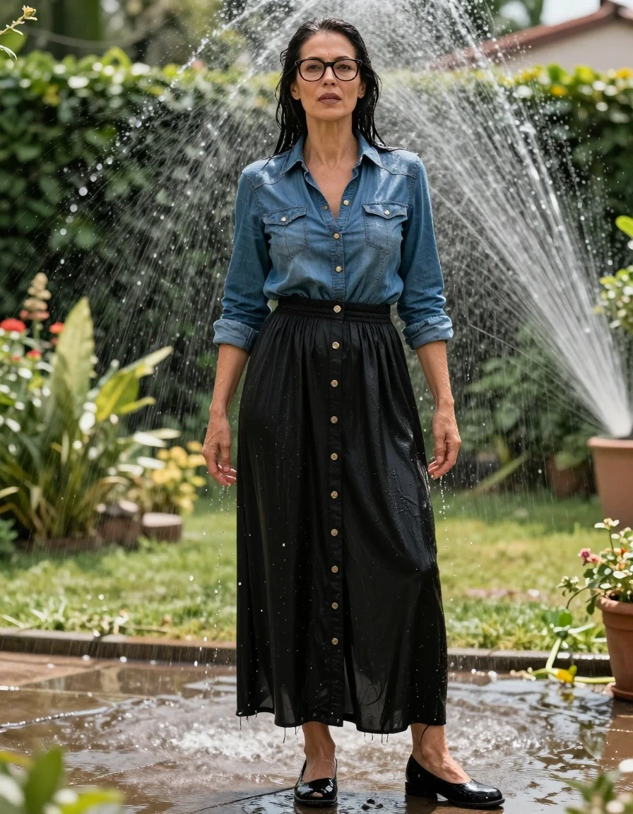 photo of young woman, in soaking wet, drenched clothes,
black shoes, maxi black dress with buttons, maxi black dress with buttons, blue denim shirt with long sleeves, in sunny garden under sprinklers enjoying wet clothes stuck body, enjoying, wet clothes stuck to body, 
enjoying, wet clothes stuck to body,
detailed textures of the wet clothes, wet face, wet plastered hair,
wet, drenched, professional, high-quality details, full body view.
sharp focus, ultra-high pixel detail, realistic, high-quality, full colors, incredibly detailed, 4k, 8k, 16k, hyper-realistic, RAW photo, masterpiece, ultra-detailed, professionally color graded, professional photograph, europen brunette skinny woman 50 years old, long dark black hair, office glasses, very big and thick lips, complete body, wet skin, wet clothes, damp fabric, wet skin, wet clothes, damp fabric, wet skin, wet clothes, damp fabric, wet skin, wet clothes, damp fabric, wet skin, wet clothes, damp fabric, wet skin, wet clothes, damp fabric, wet skin, wet clothes, damp fabric