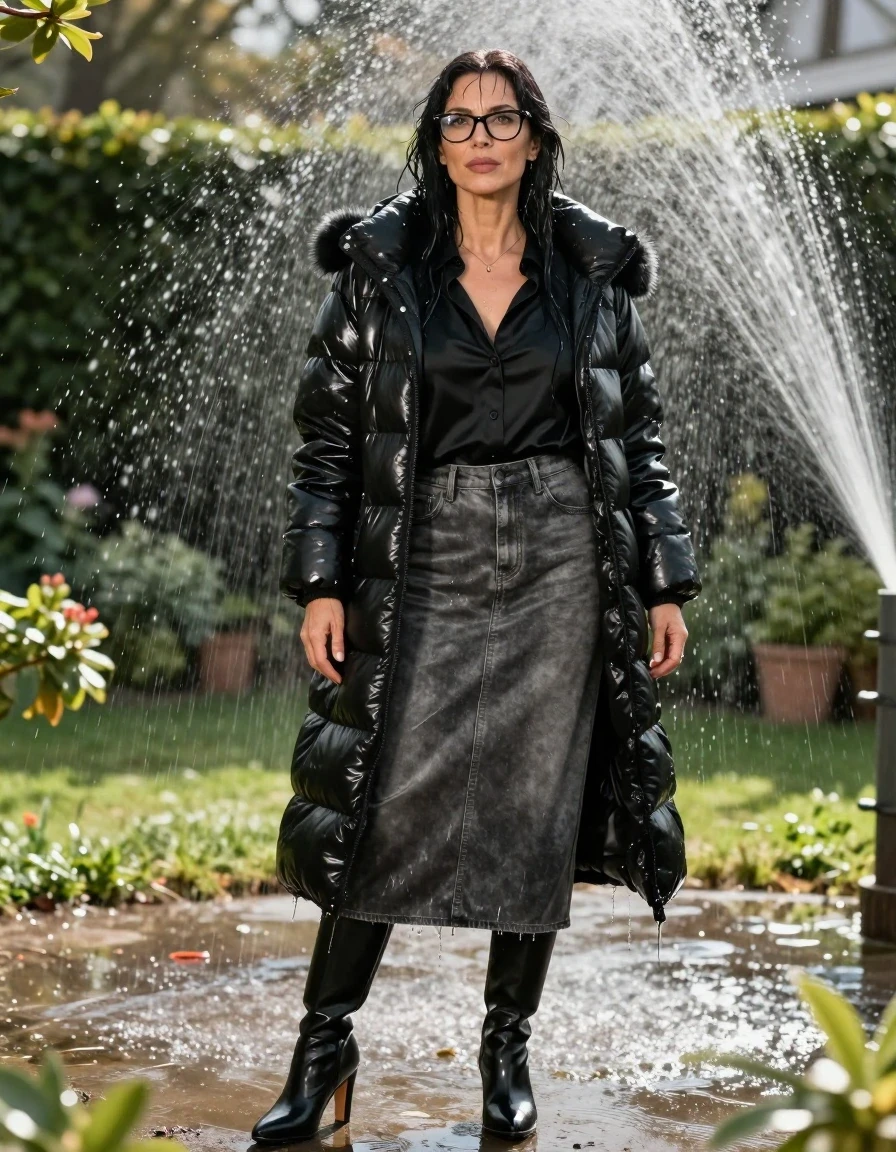 photo of young woman, in soaking wet, drenched clothes,
black heeled boots, long gray leather denim skirt, black satin shirt, maxi black Shiny puffer down jacket with fur, in sunny garden under sprinklers enjoying wet clothes stuck body, enjoying, wet clothes stuck to body, 
enjoying, wet clothes stuck to body,
detailed textures of the wet clothes, wet face, wet plastered hair,
wet, drenched, professional, high-quality details, full body view.
sharp focus, ultra-high pixel detail, realistic, high-quality, full colors, incredibly detailed, 4k, 8k, 16k, hyper-realistic, RAW photo, masterpiece, ultra-detailed, professionally color graded, professional photograph, europen brunette skinny woman 50 years old, long dark black hair, office glasses, very big and thick lips, complete body, wet skin, wet clothes, damp fabric, wet skin, wet clothes, damp fabric, wet skin, wet clothes, damp fabric, wet skin, wet clothes, damp fabric, wet skin, wet clothes, damp fabric, wet skin, wet clothes, damp fabric, wet skin, wet clothes, damp fabric