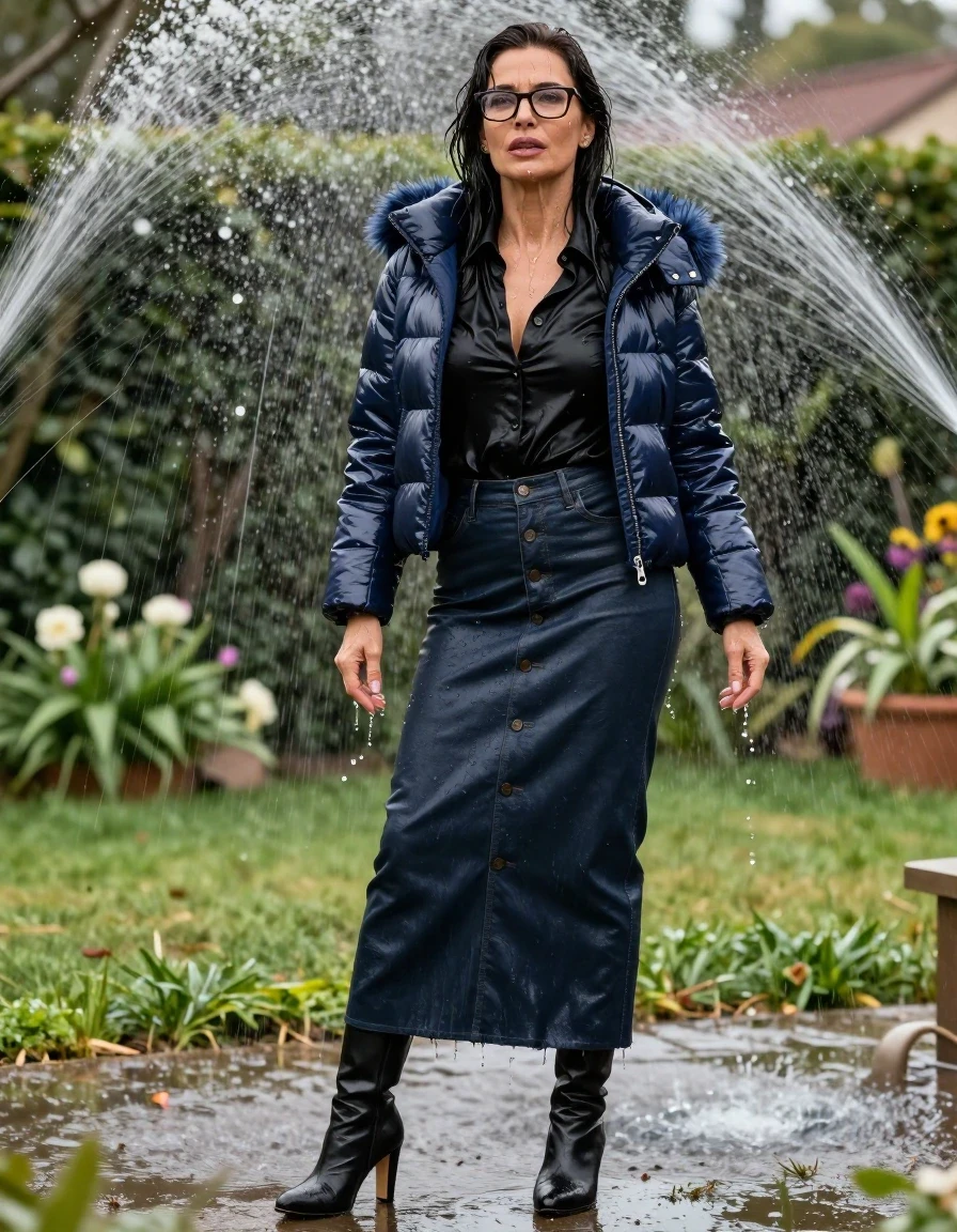photo of young woman, in soaking wet, drenched clothes,
black heeled boots, maxi dark blue leather denim skirt with buttons, black satin shirt, maxi dark blue Shiny puffer down jacket with fur, in sunny garden under sprinklers enjoying wet clothes stuck body, enjoying, wet clothes stuck to body, 
enjoying, wet clothes stuck to body,
detailed textures of the wet clothes, wet face, wet plastered hair,
wet, drenched, professional, high-quality details, full body view.
sharp focus, ultra-high pixel detail, realistic, high-quality, full colors, incredibly detailed, 4k, 8k, 16k, hyper-realistic, RAW photo, masterpiece, ultra-detailed, professionally color graded, professional photograph, europen brunette skinny woman 50 years old, long dark black hair, office glasses, very big and thick lips, complete body, wet skin, wet clothes, damp fabric, wet skin, wet clothes, damp fabric, wet skin, wet clothes, damp fabric, wet skin, wet clothes, damp fabric, wet skin, wet clothes, damp fabric, wet skin, wet clothes, damp fabric, wet skin, wet clothes, damp fabric