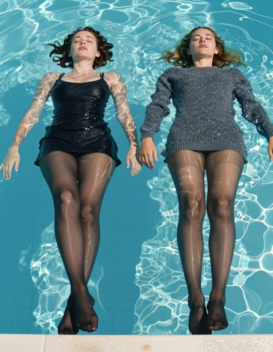 A realistic fashion-style photograph from a low angle at the edge of a bright blue swimming pool. On the left, Cloe has short brunette hair and is swimming on her back, wearing a wet black minidress and dark sheer pantyhose that glisten under the surface. On the right, Sarah is swimming on her back, wearing a wet woolen sweaterdress and light black pantyhose that appear saturated and shiny in the water. The water is clear with ripples, highlighting the texture of their wet hosiery. Bright, sunny outdoor pool lighting, high-quality photography.