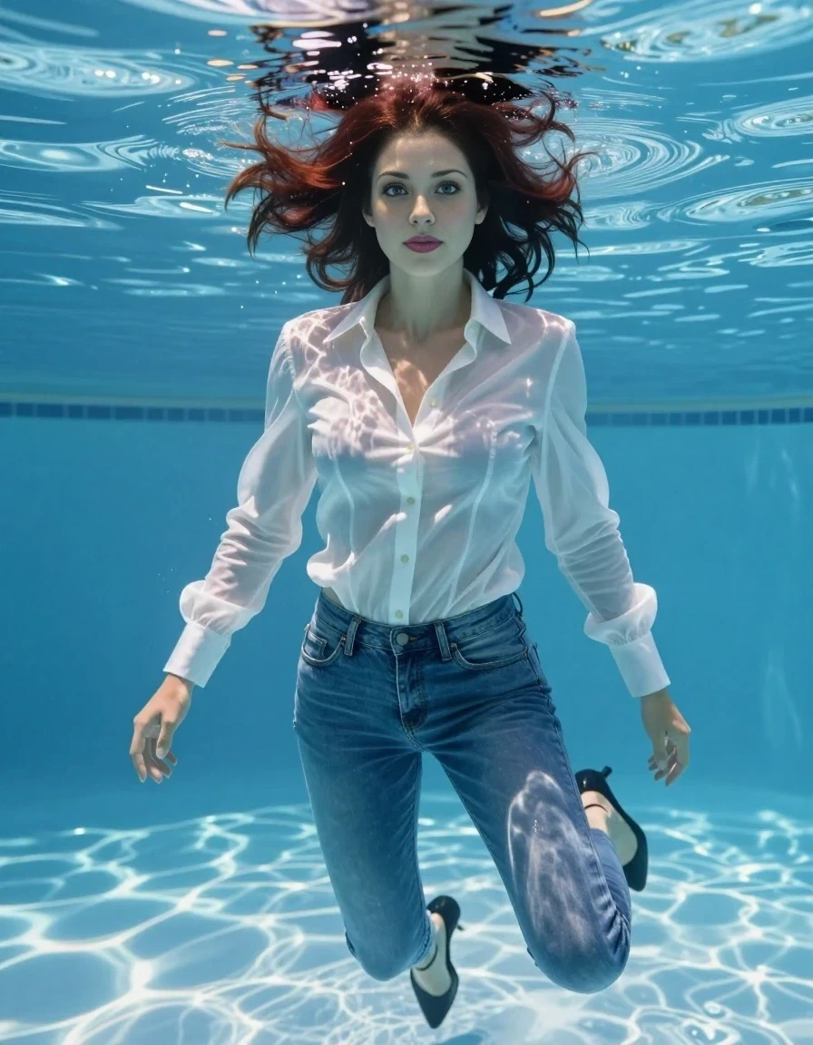 A realistic full-body fashion photograph of a 25-year-old woman with shoulder-length dark auburn hair completely submerged underwater in a swimming pool. She is wearing a tight-fitted long sleeve white button-up blouse worn braless, blue skinny jeans, and black heels, all completely soaked and clinging to her body. The blouse is translucent from the water, high-quality fashion photography style, bright daylight filtering through the water surface, clear view of the woman's face.