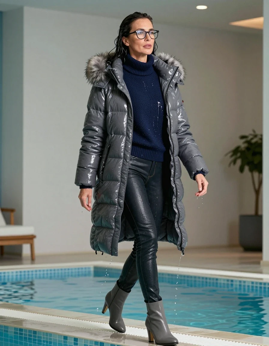 photo of young woman, in soaking wet, drenched clothes,
gray heeled boots, long back leather jeans, dark blue sweater with neck, maxi gray Moncler Shiny puffer down jacket with fur, walking and taking shower after bath in indoor pool, enjoying wet clothes stuck body, enjoying, wet clothes stuck to body, 
enjoying, wet clothes stuck to body,
detailed textures of the wet clothes, wet face, wet plastered hair,
wet, drenched, professional, high-quality details, full body view.
sharp focus, ultra-high pixel detail, realistic, high-quality, full colors, incredibly detailed, 4k, 8k, 16k, hyper-realistic, RAW photo, masterpiece, ultra-detailed, professionally color graded, professional photograph, europen brunette skinny woman 50 years old, long dark black hair, office glasses, very big and thick lips, complete body, wet skin, wet clothes, damp fabric, wet skin, wet clothes, damp fabric, wet skin, wet clothes, damp fabric, wet skin, wet clothes, damp fabric, wet skin, wet clothes, damp fabric, wet skin, wet clothes, damp fabric, wet skin, wet clothes, damp fabric